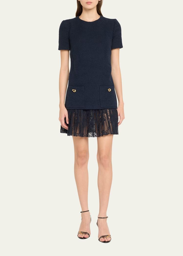 tweed pleated lace mini dress