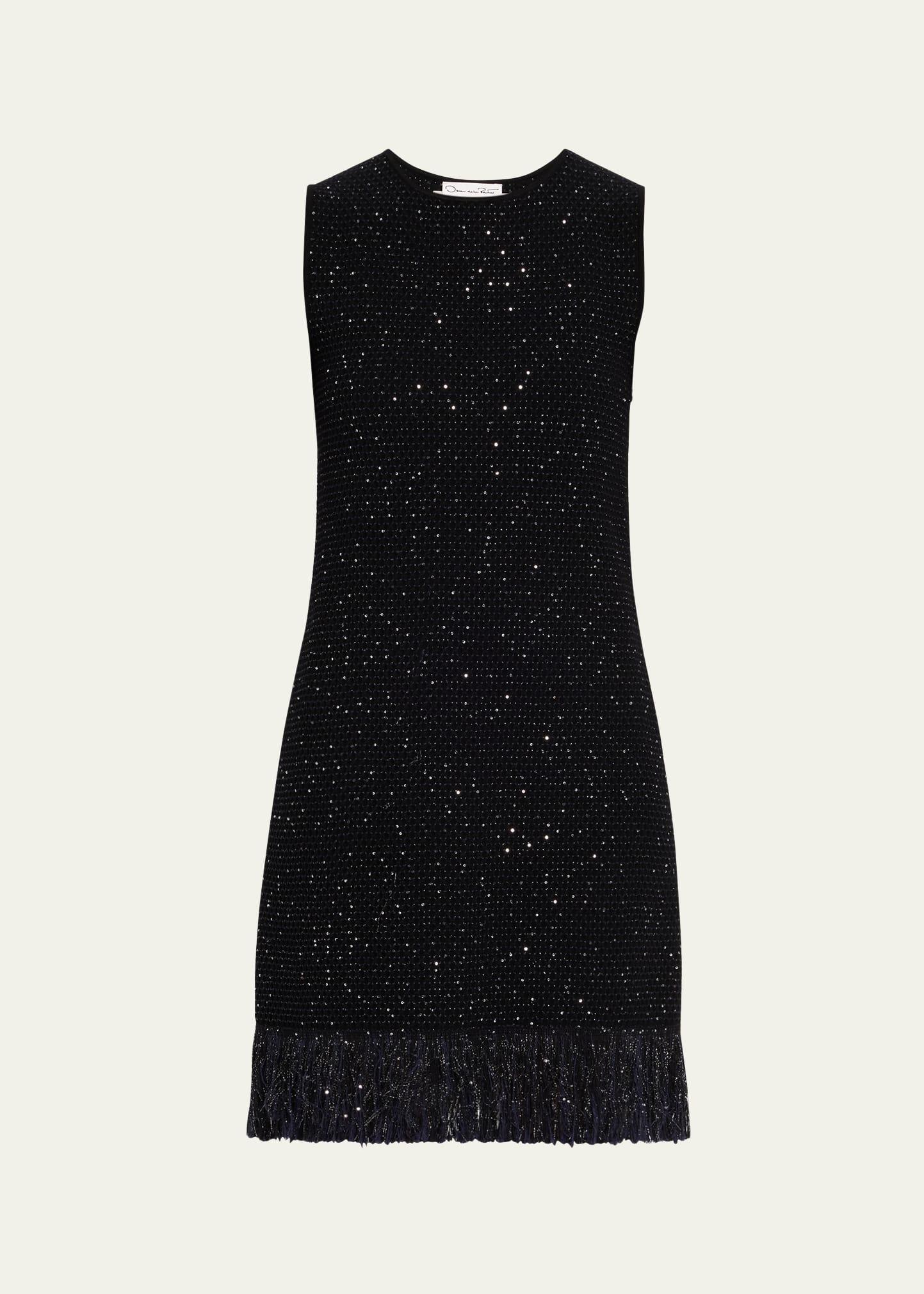 tweed textured sleeveless fringed mini dress