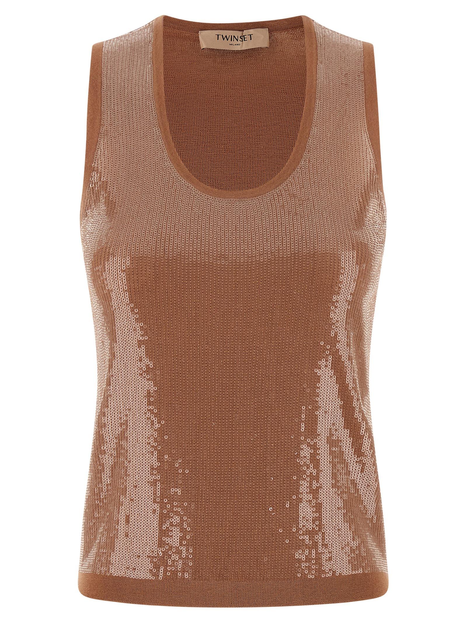 twin set sequin top brown cotton tops - women