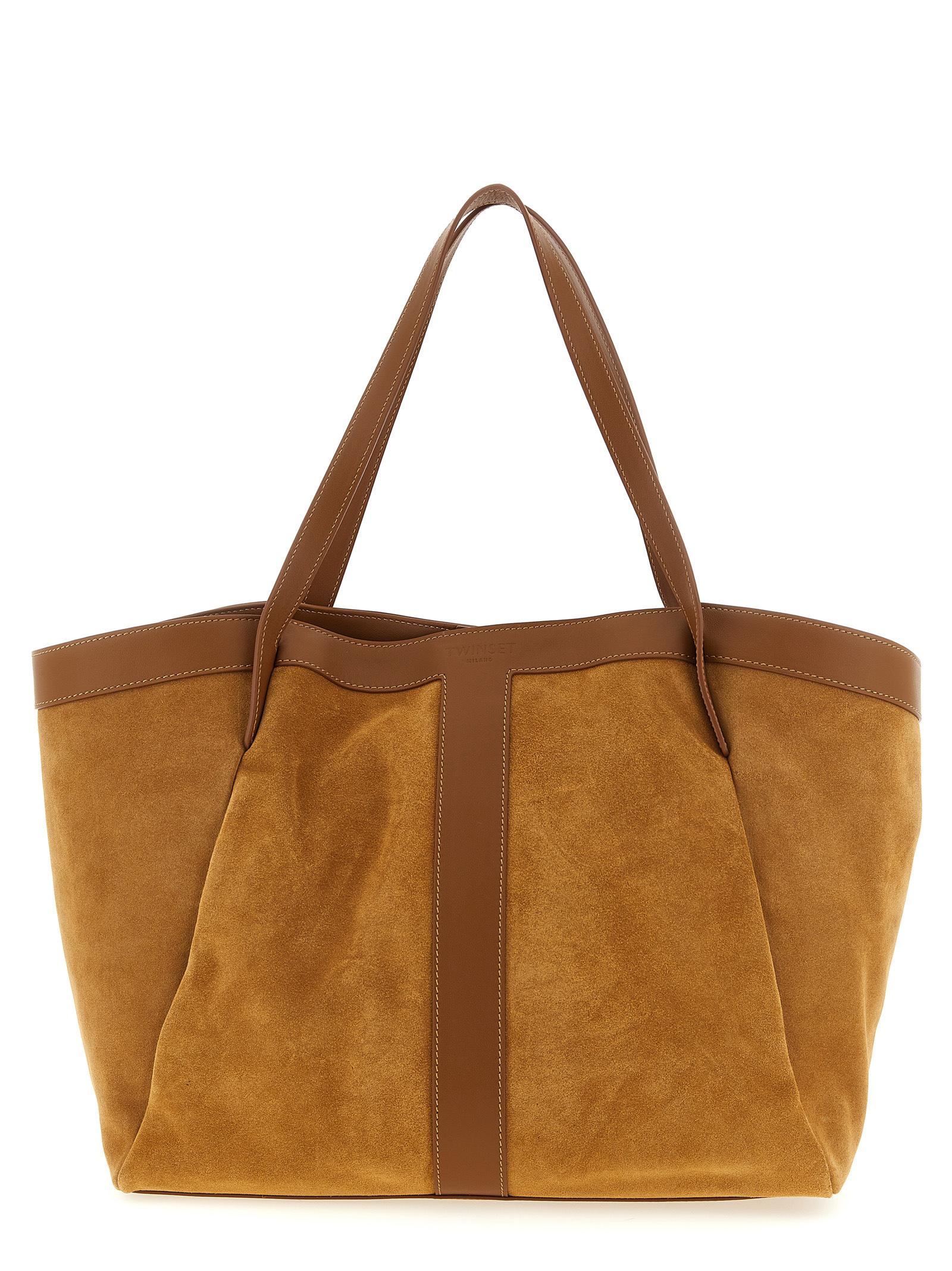 twin set suede shopping bag brown polyurethane tote - women