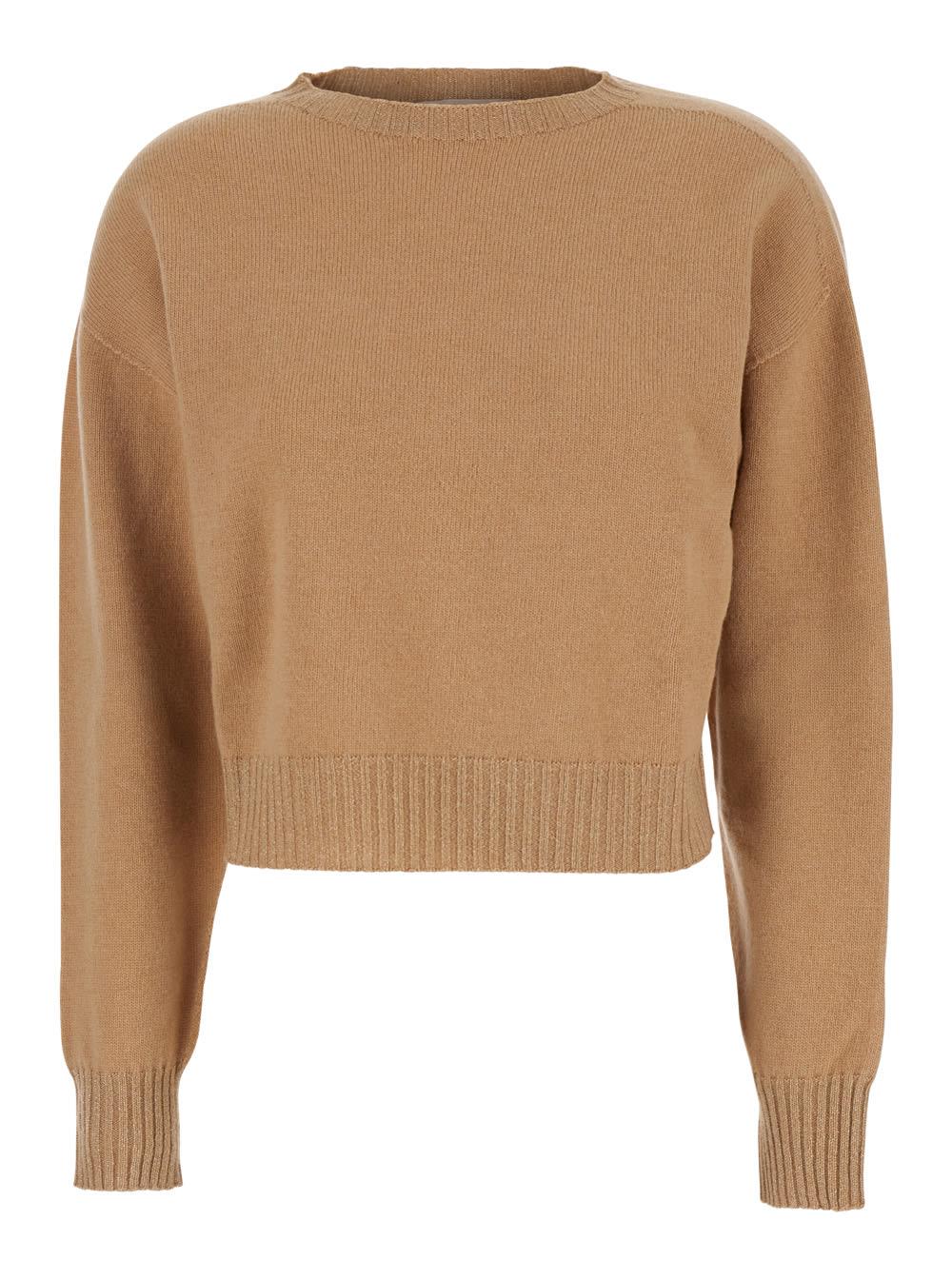 twinset beige crew neck sweater with dropped shoulder and ribbed details in wool woman