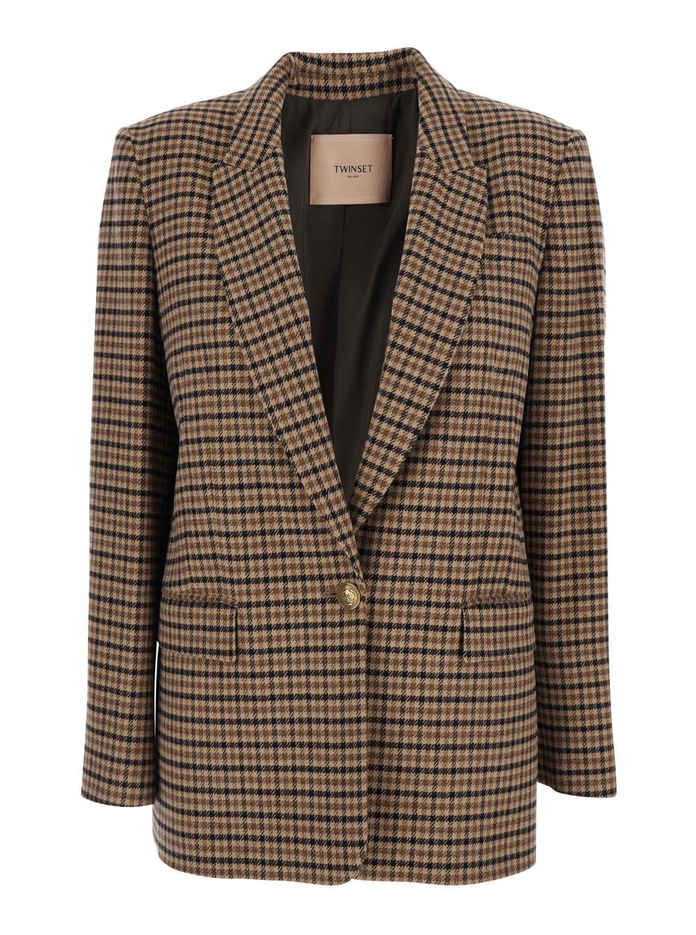 twinset beige single-breasted jacket with all-over check motif in wool blend woman
