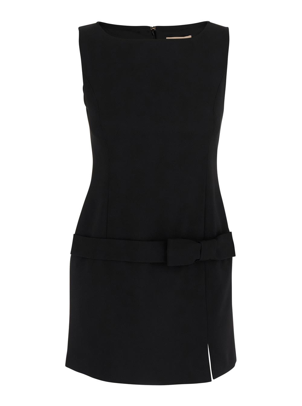 twinset black crewneck mini dress with bow detail on the front and logo plaque on the rear in tech fabric stretch woman
