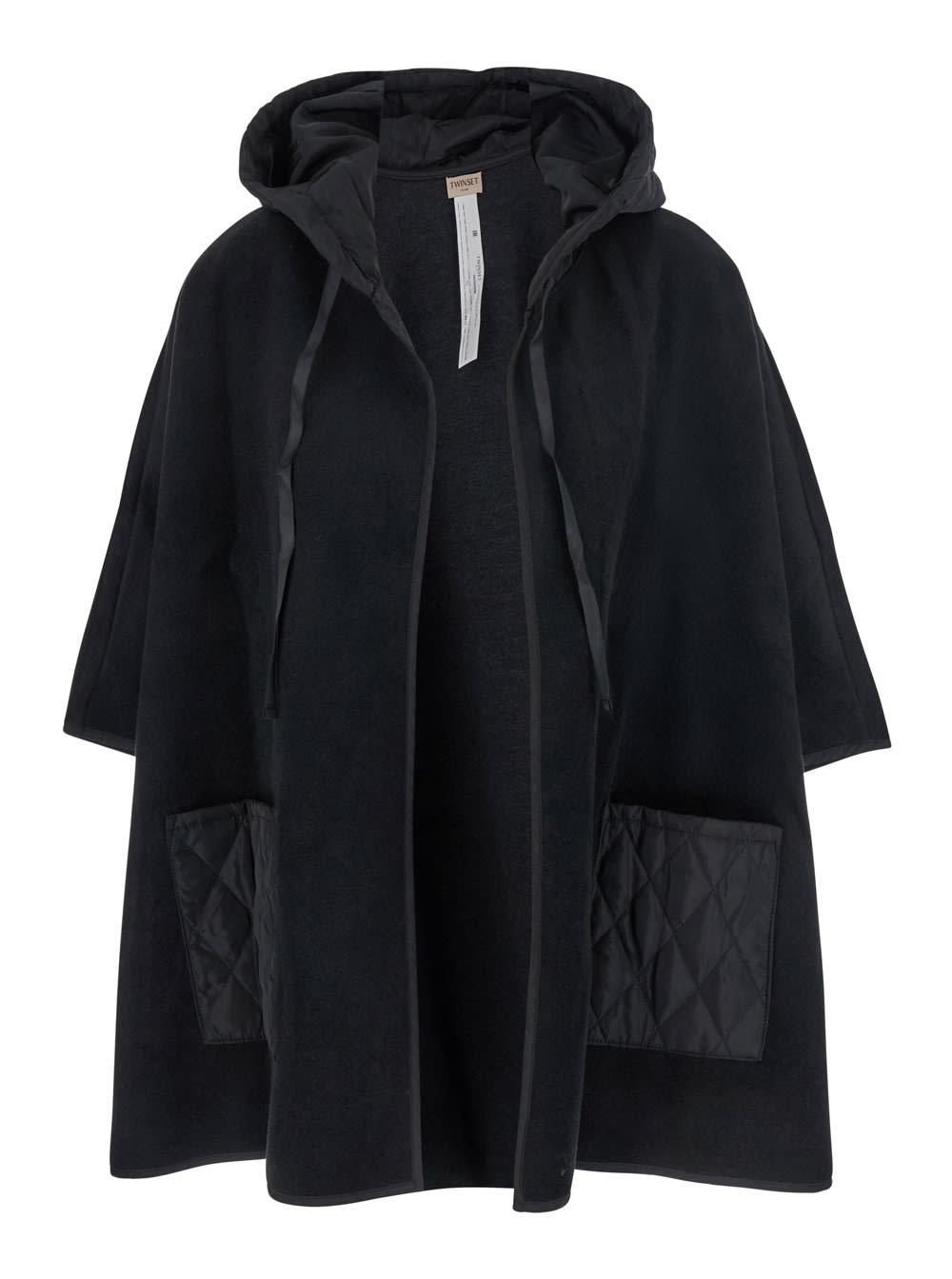 twinset black jacket with drawstring hood and two front patch pockets in tech fabric woman