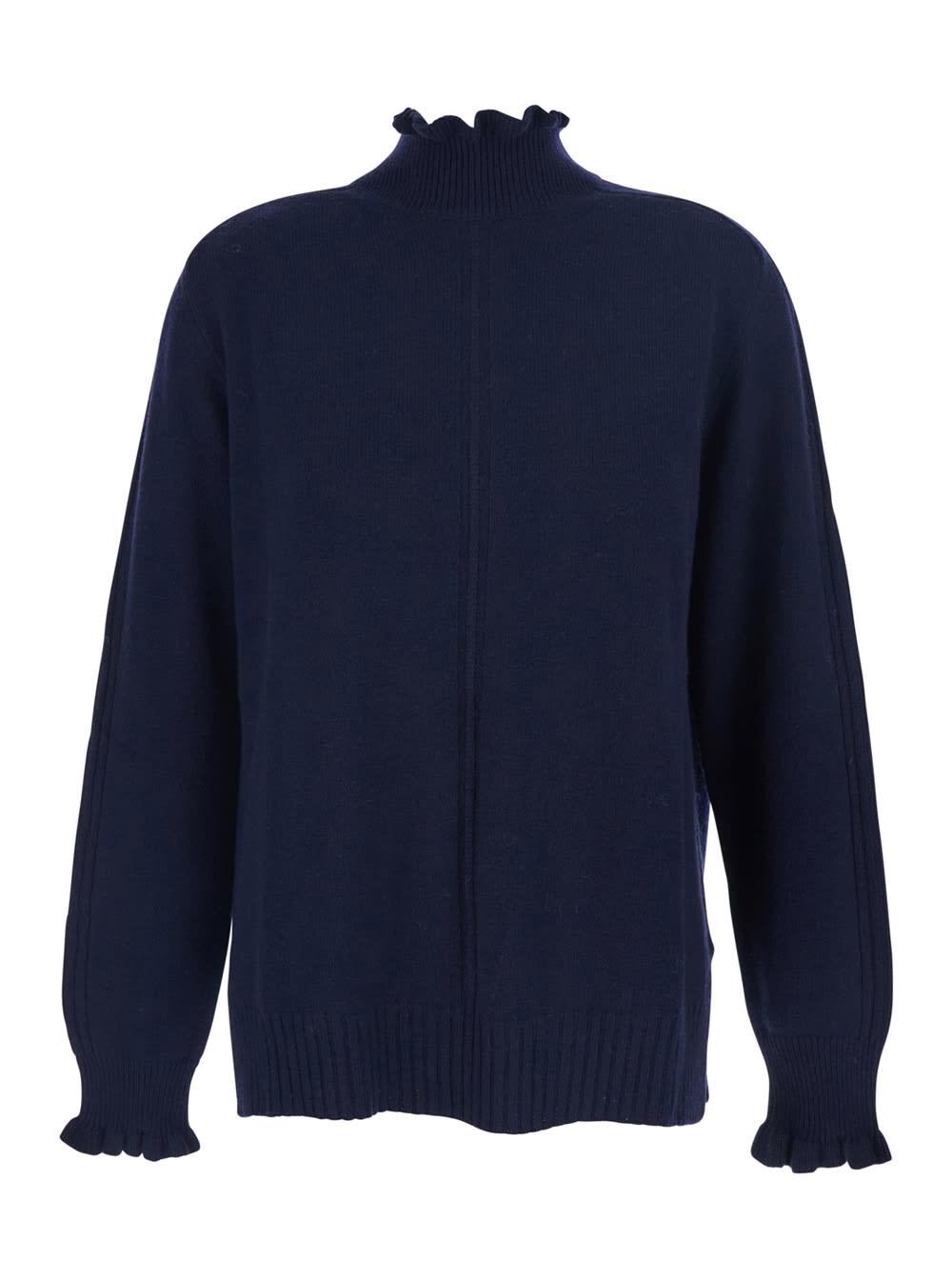 twinset blue sweater with neck and ruched cuffs in wool blend woman