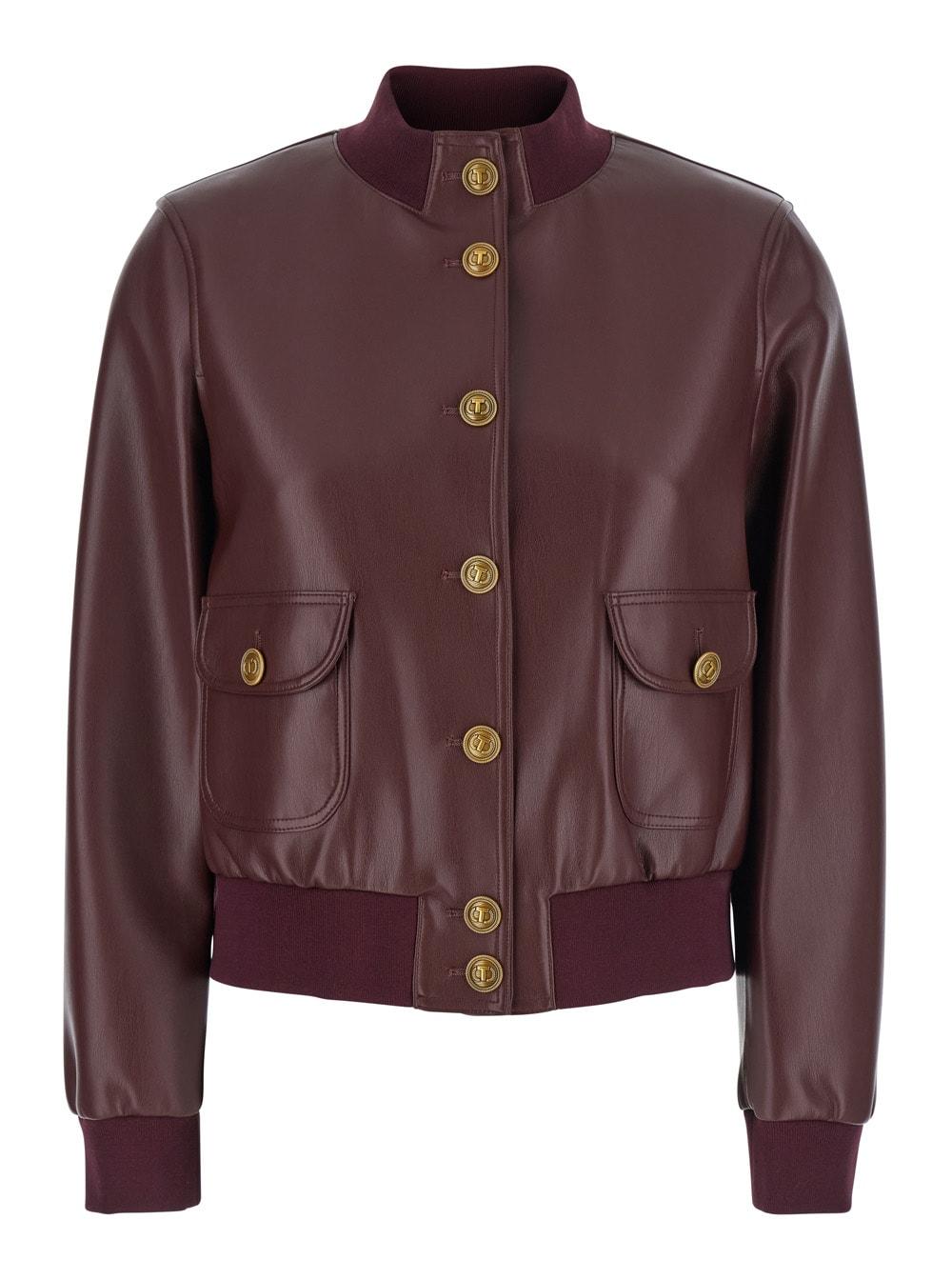 twinset bordeaux jacket with high neck and front jewel button closure in ecoleather woman