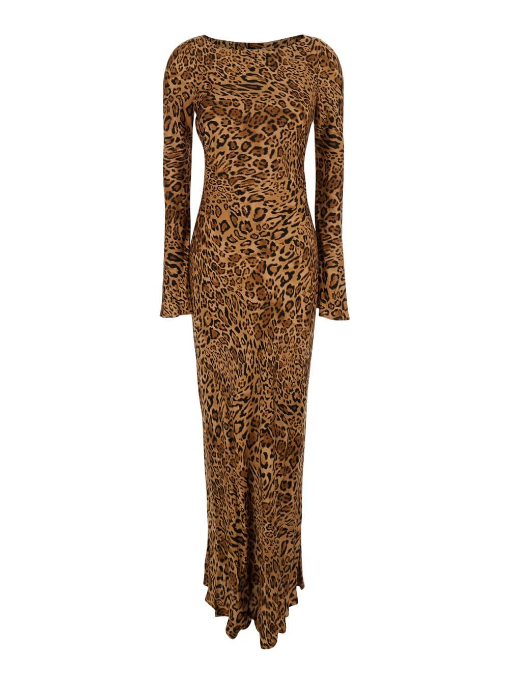 twinset brown dress with round neck and all-over leopard print in viscose woman