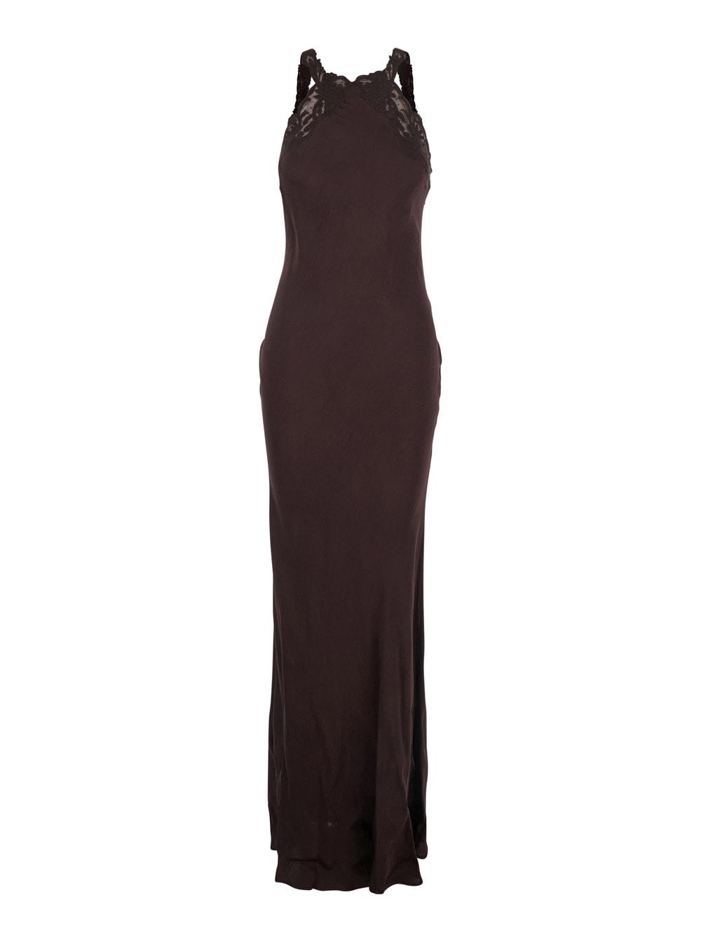 twinset brown halterneck long dress with lace embellishment on the rear in viscose woman