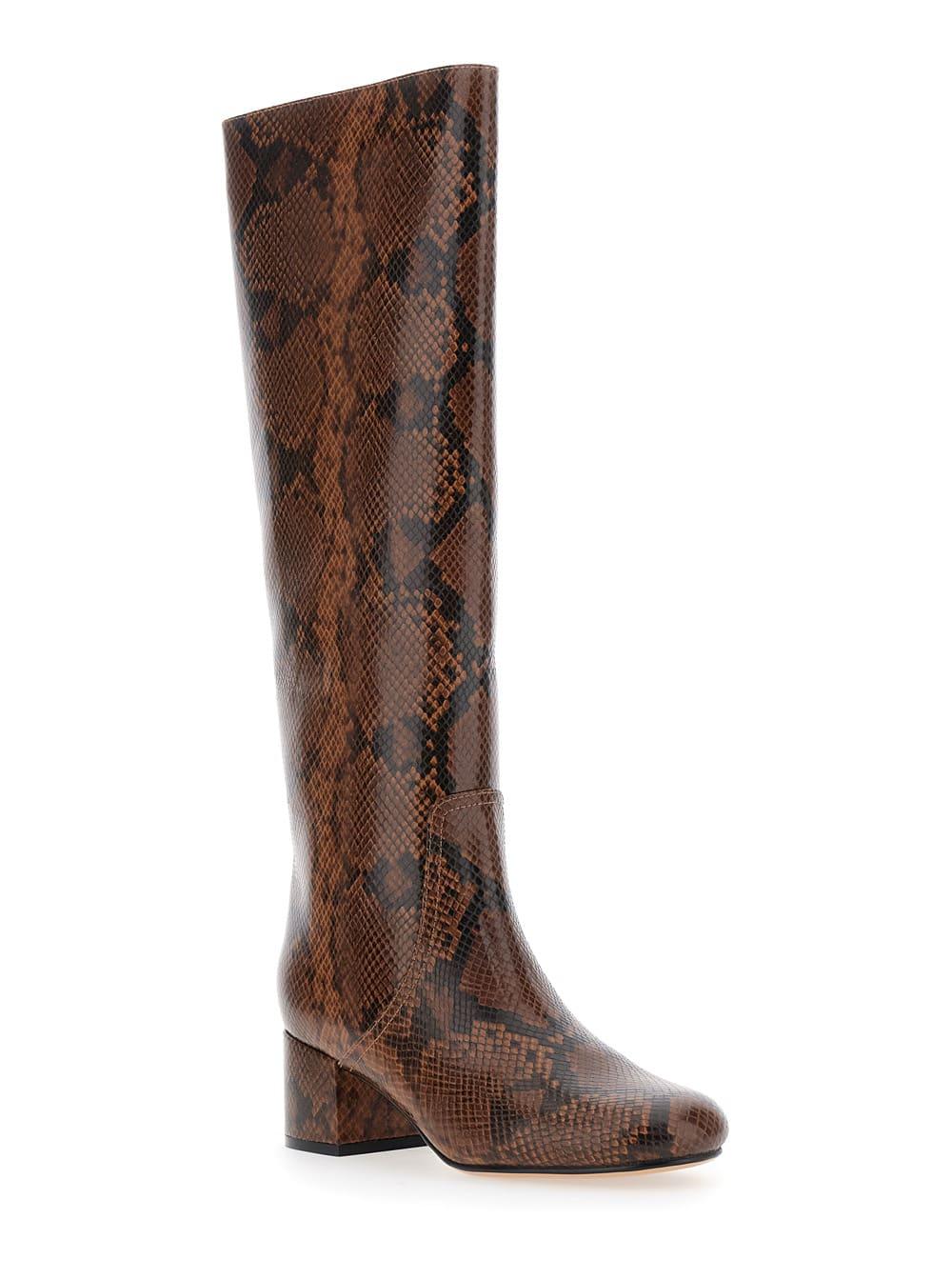 twinset brown knee boots with python effect in leather woman