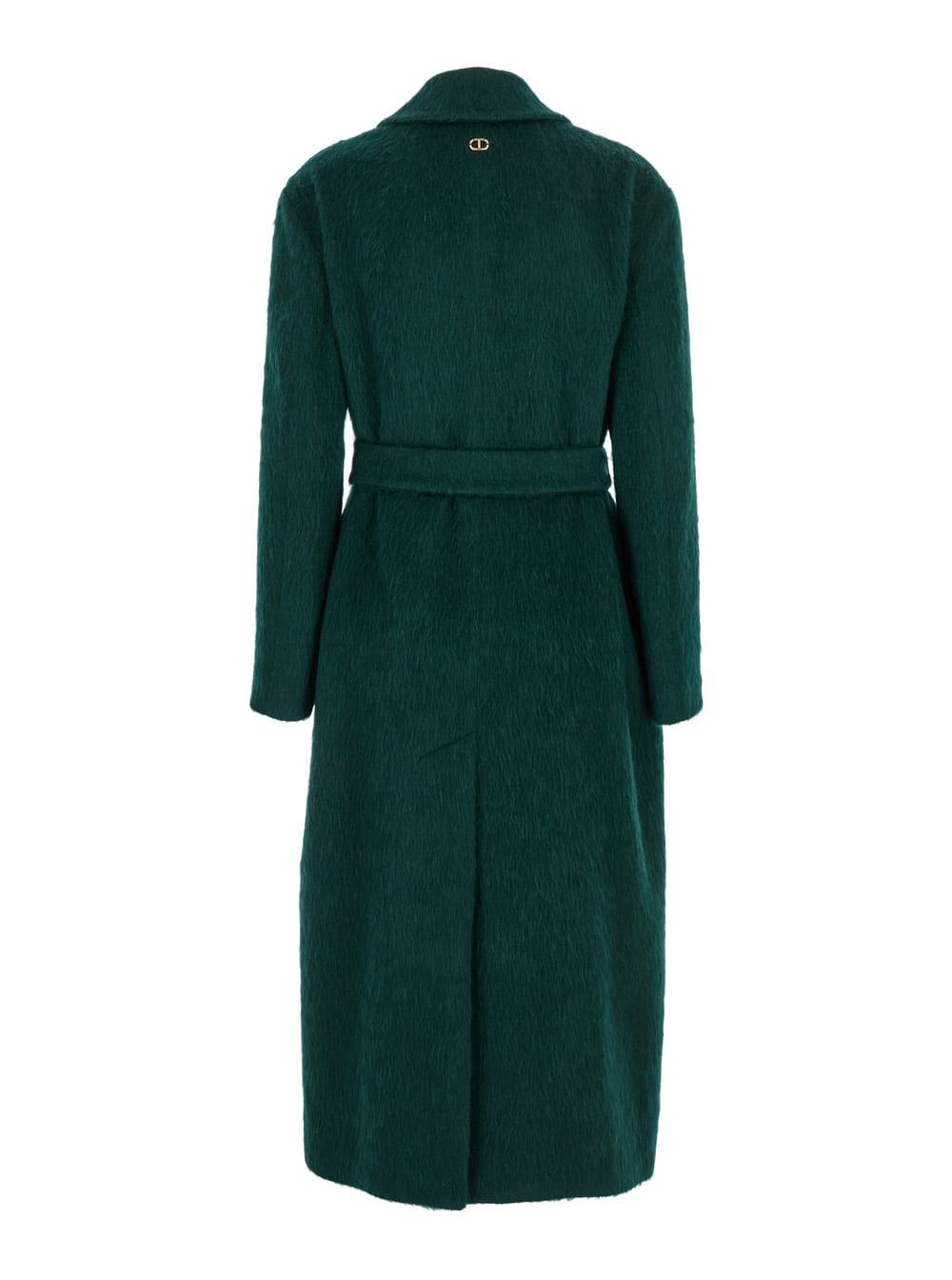 twinset green double-breasted coat with notched revers and belt on the front in wool blend woman