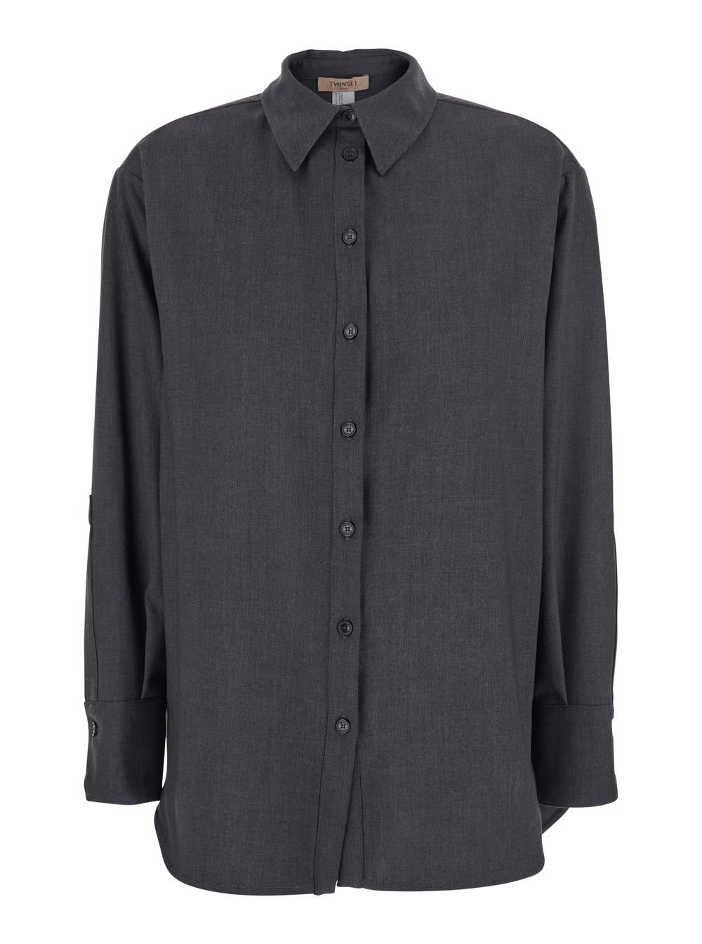 twinset grey shirt with classic collar and logo plaque on the rear in viscose blend stretch woman