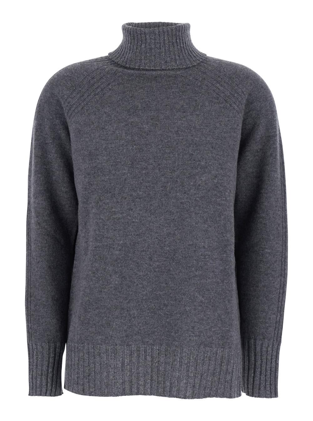 twinset grey turtleneck sweater with ribbed details in wool woman
