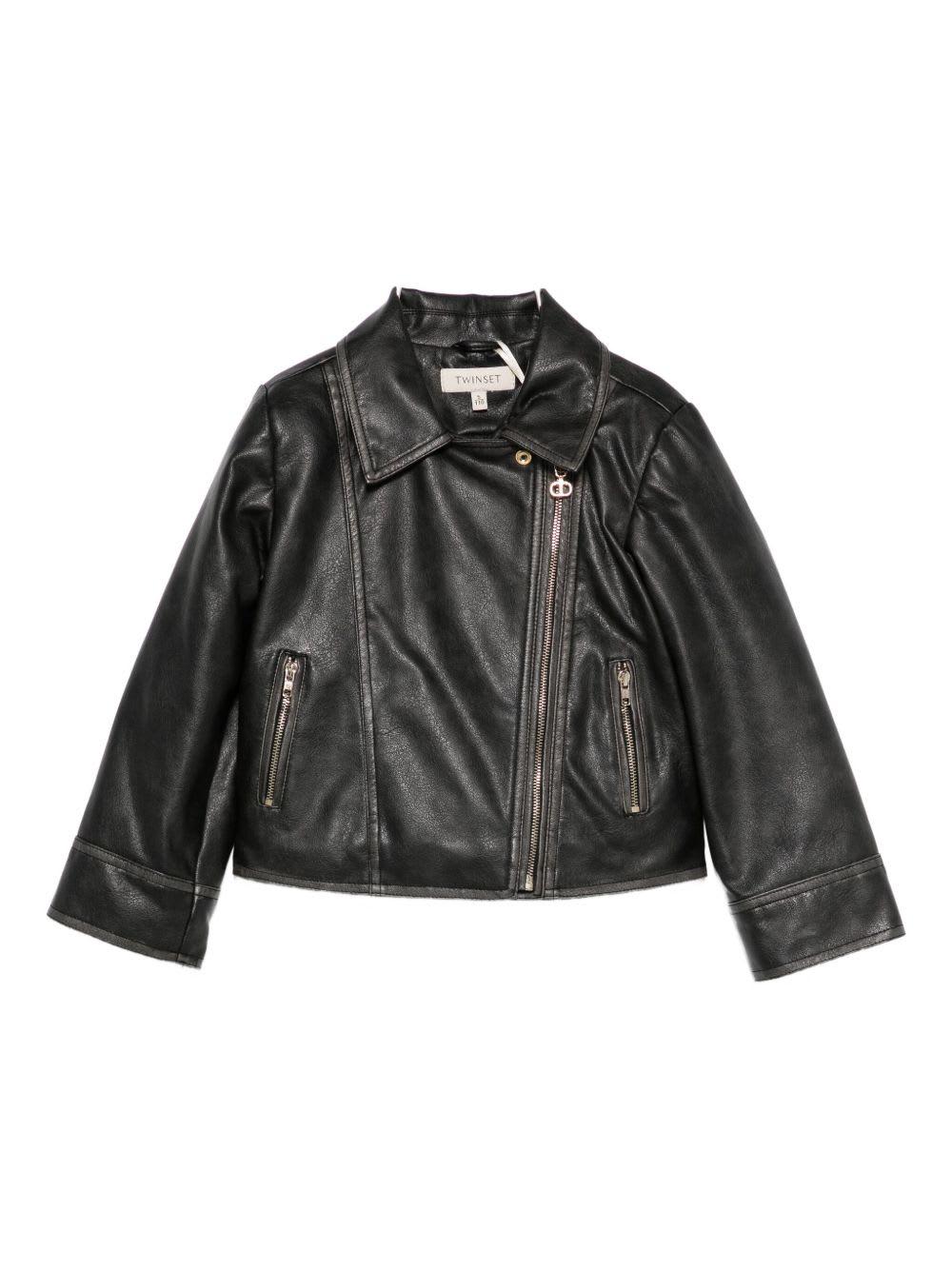 twinset kids zip-up leather jacket
