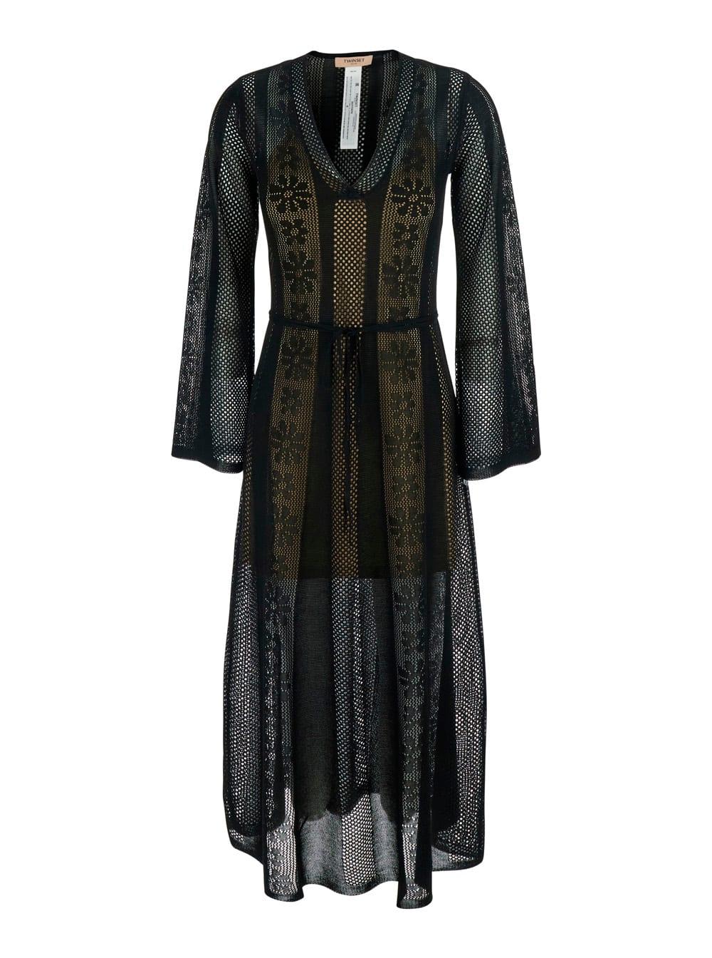 twinset long dress - black - dress with v-neck and long sleeves - viscose - women