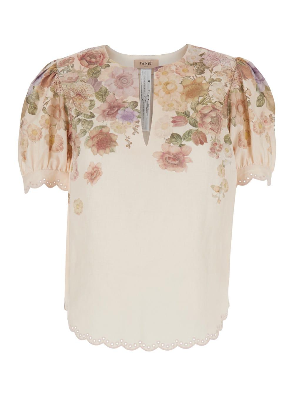 twinset shirt flower print beige with floral print in linen women