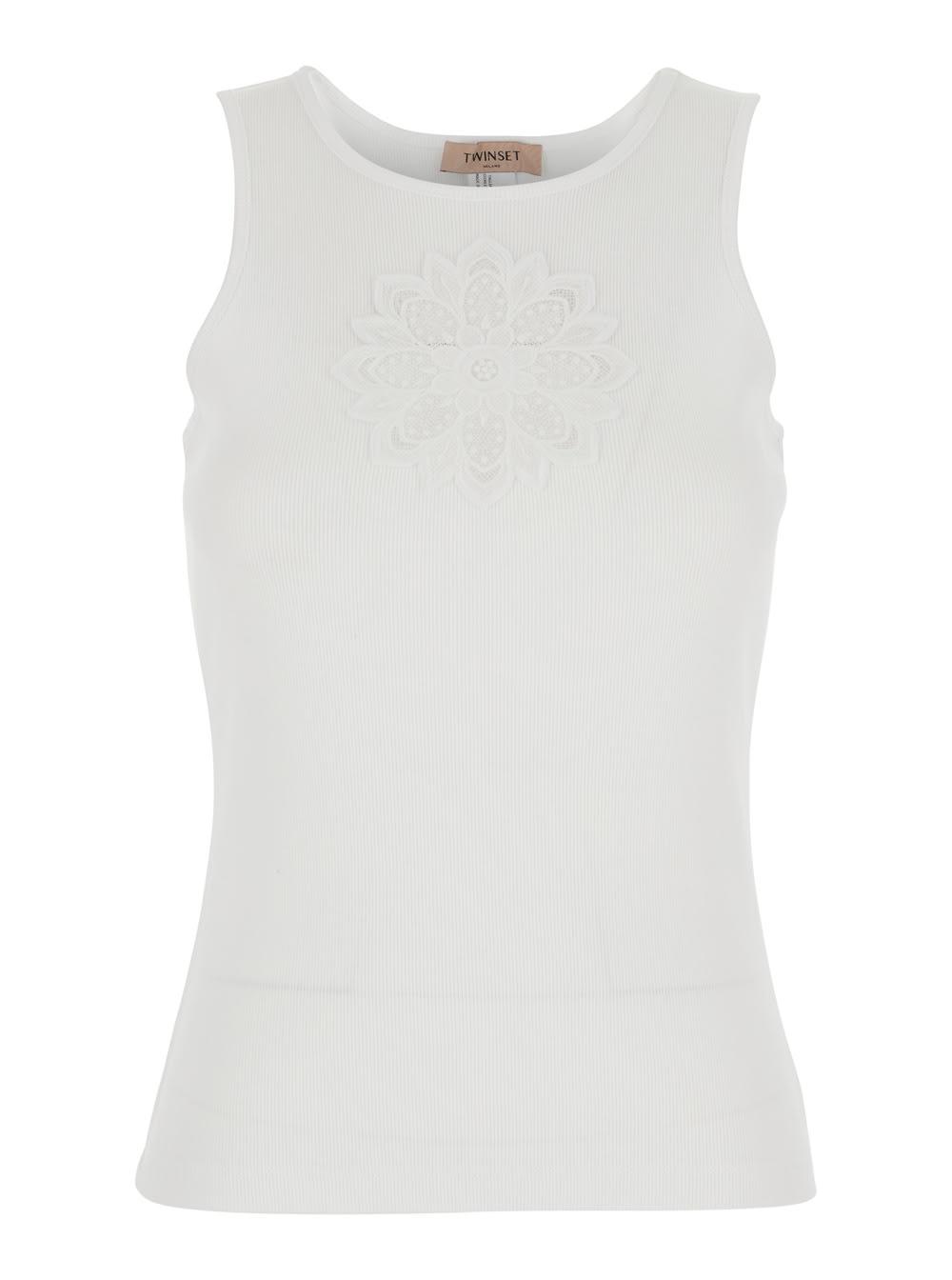 twinset sleeveless top with tone-on-tone floral embroidery in white cotton for women