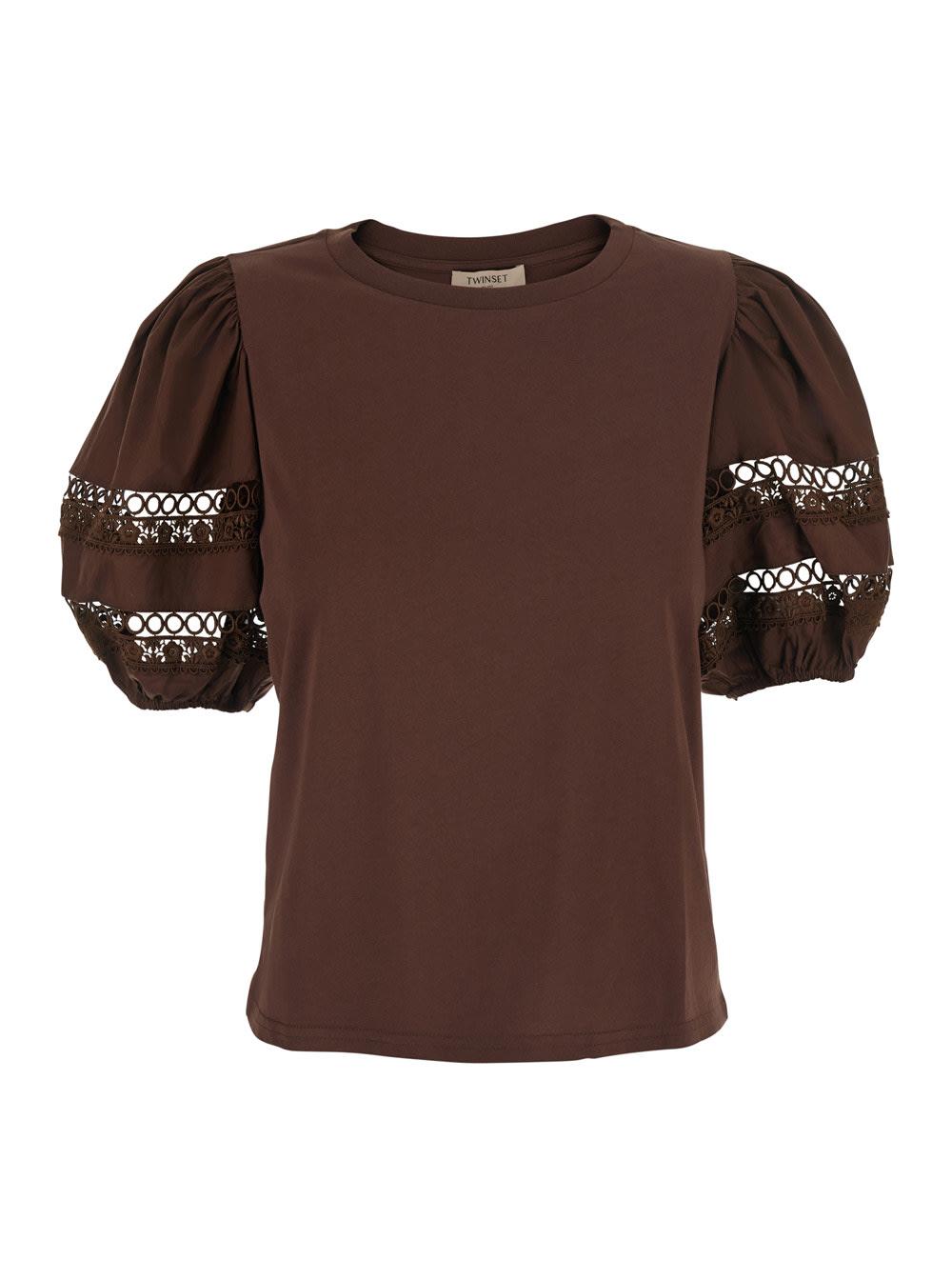 twinset t-shirt embroidery with embroidered details in brown for women