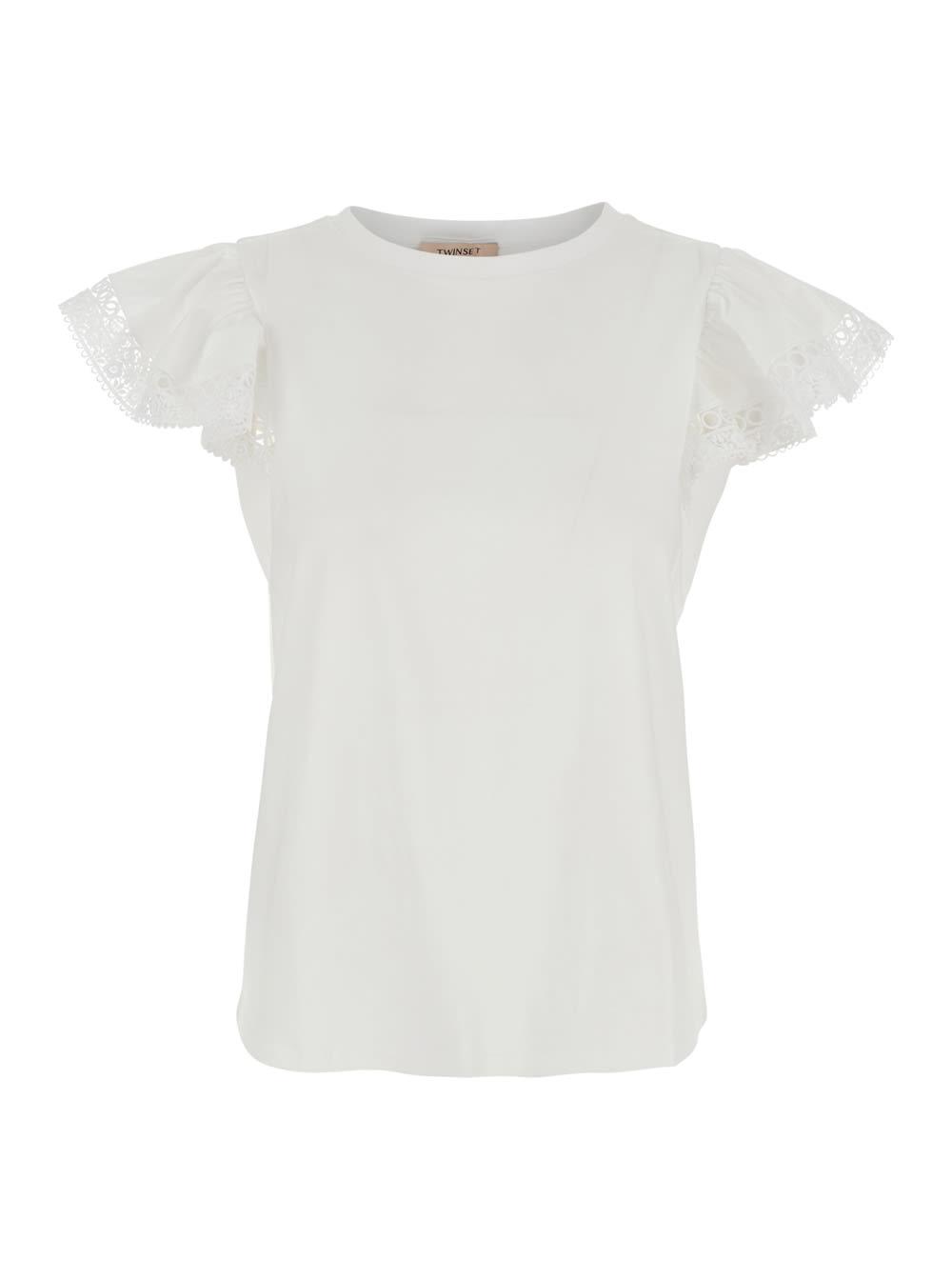 twinset t-shirt ruffle white with ruffle details and round neck in cotton for women