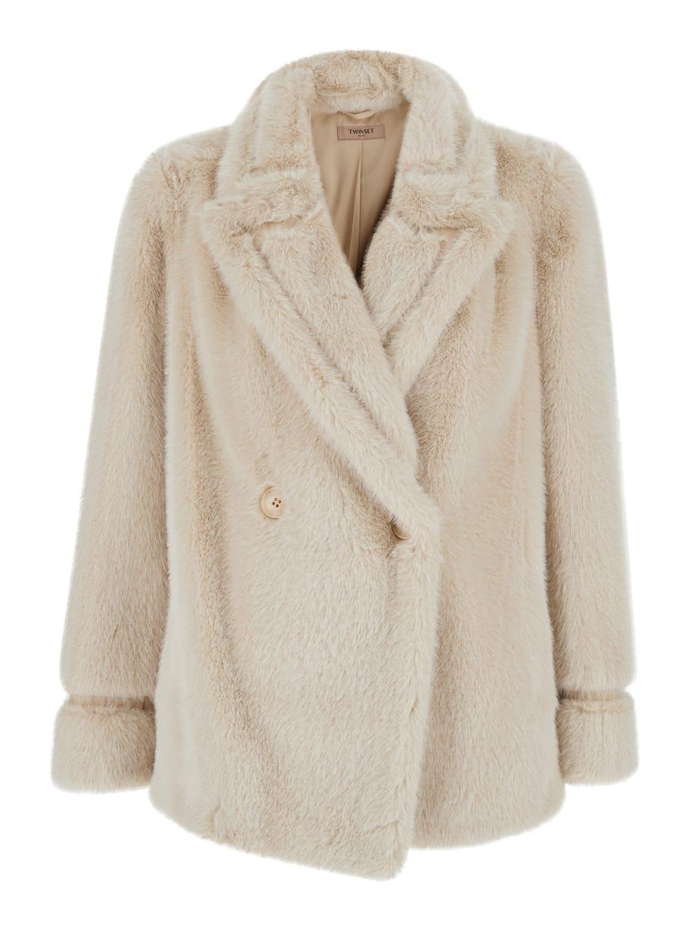 twinset white double-breasted coat with peak revers in ecofur woman