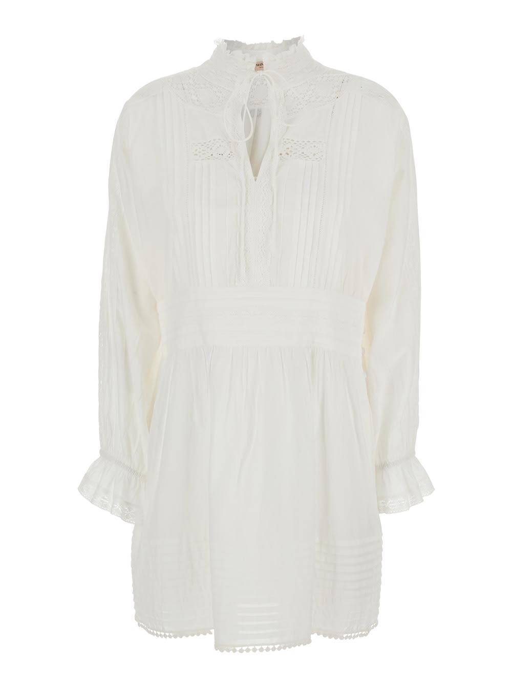 twinset white dress with pleated details and all-over applied embroidery in cotton woman