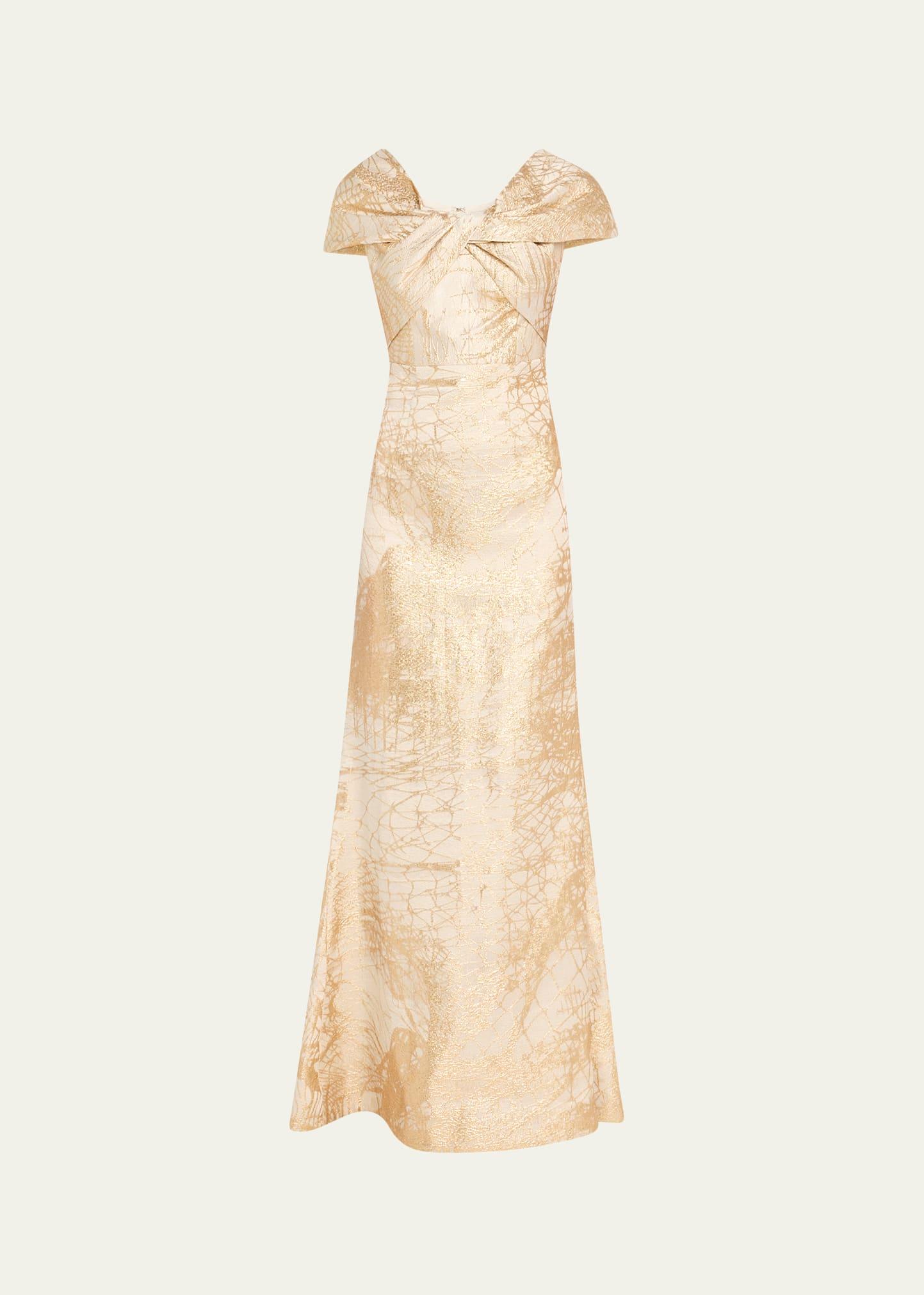 twist-front metallic jacquard gown
