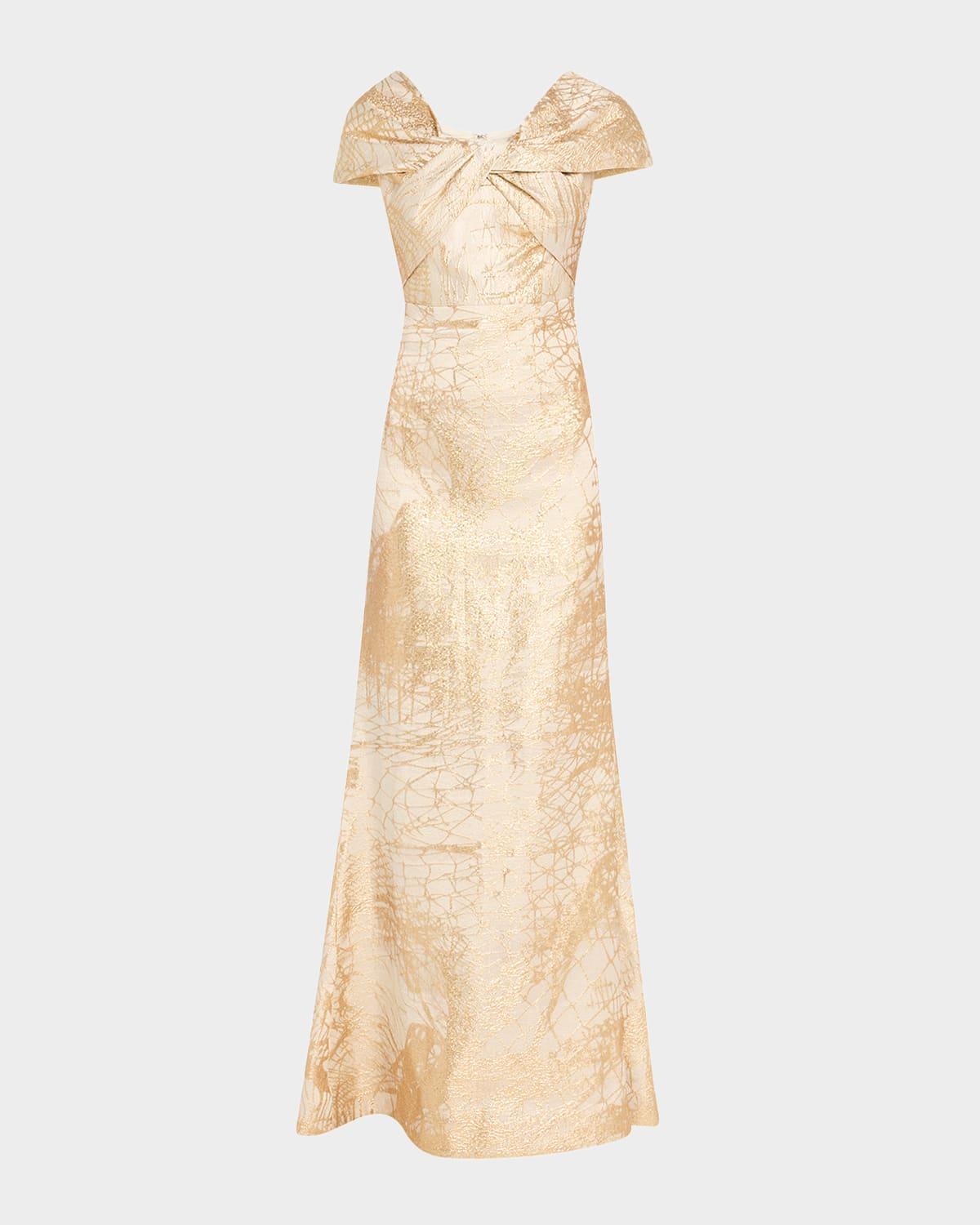 twist-front metallic jacquard gown