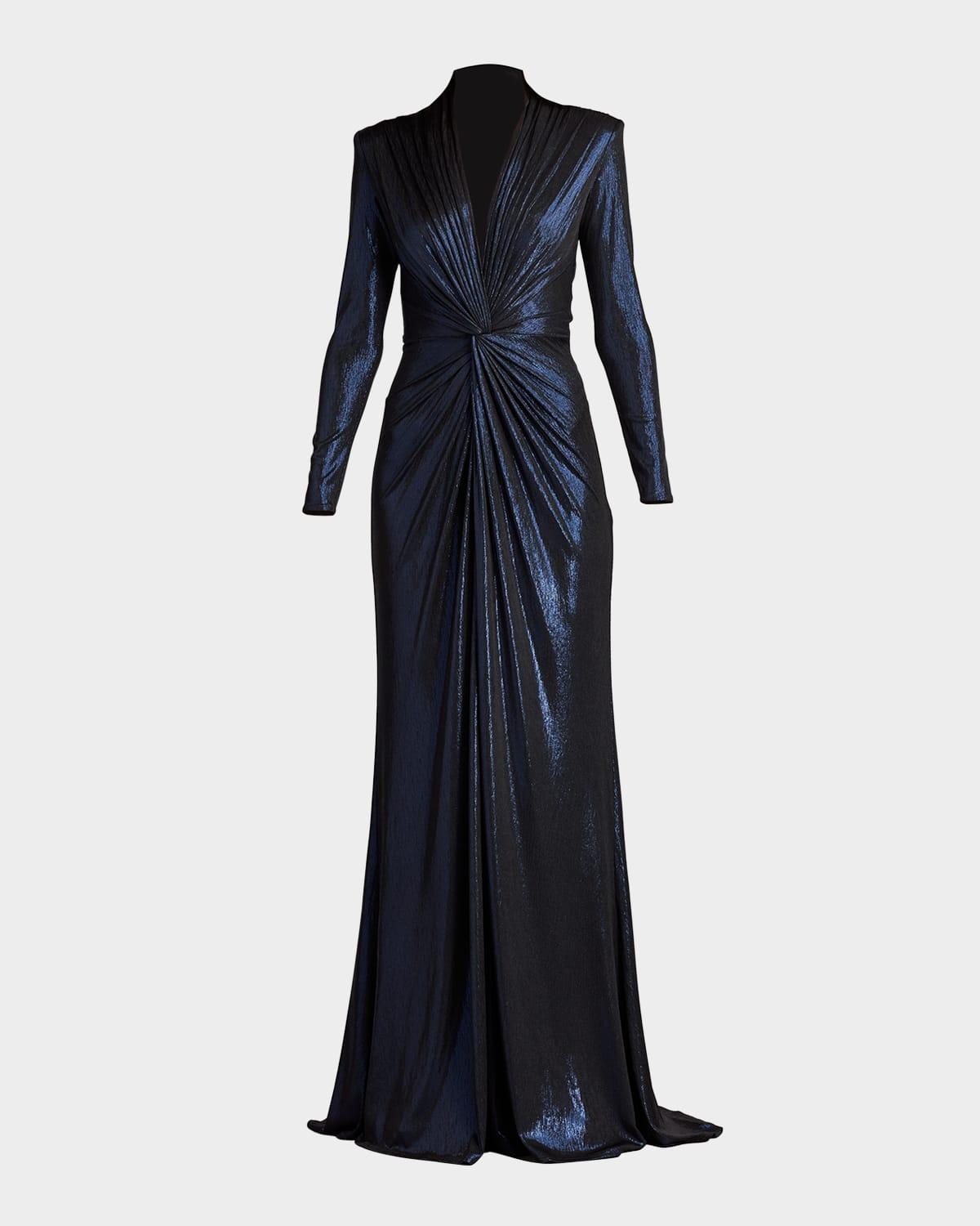 twist-front metallic jersey column gown