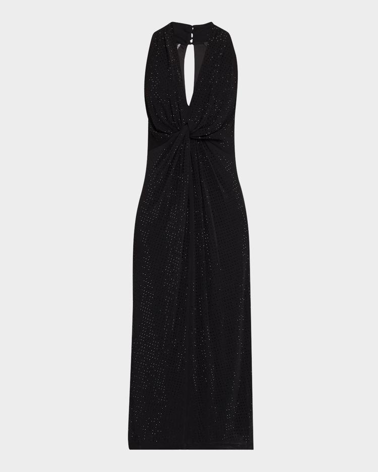 twist-front rhinestone midi dress