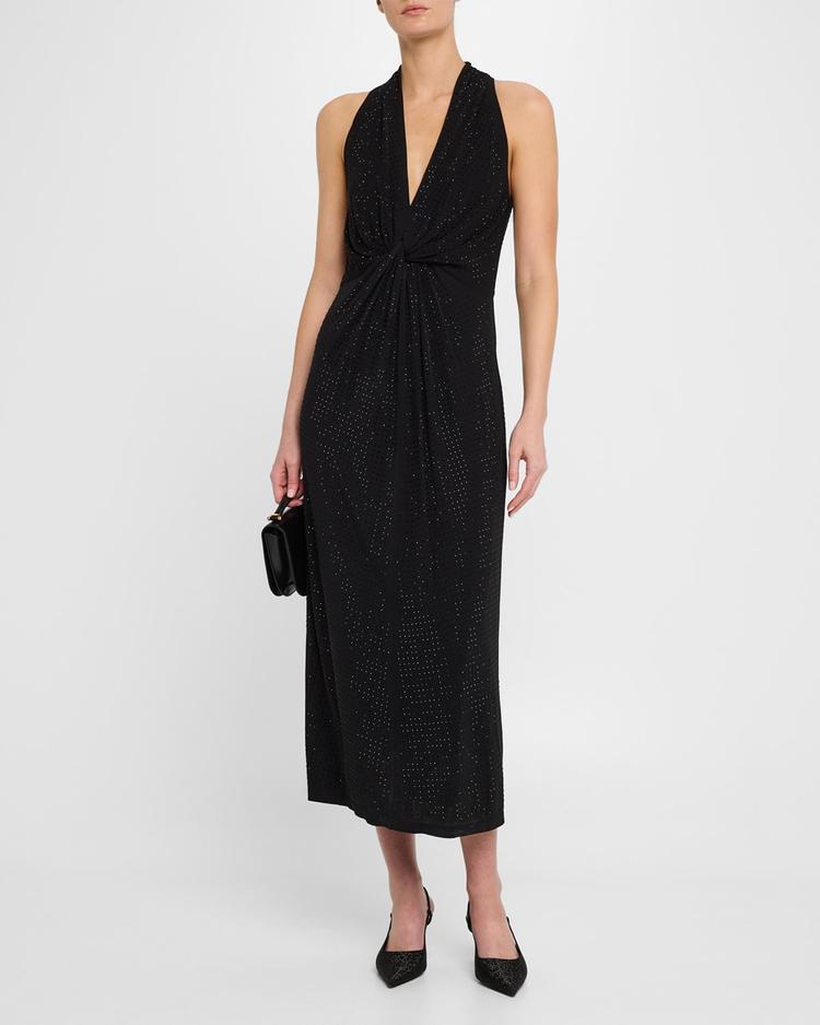 twist-front rhinestone midi dress