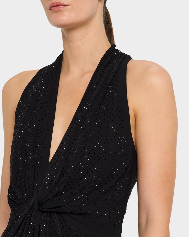 twist-front rhinestone midi dress