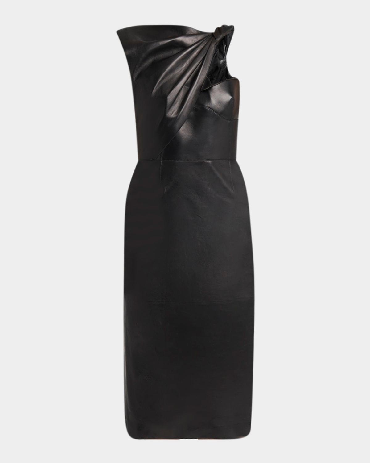 twisted bustier leather midi pencil dress
