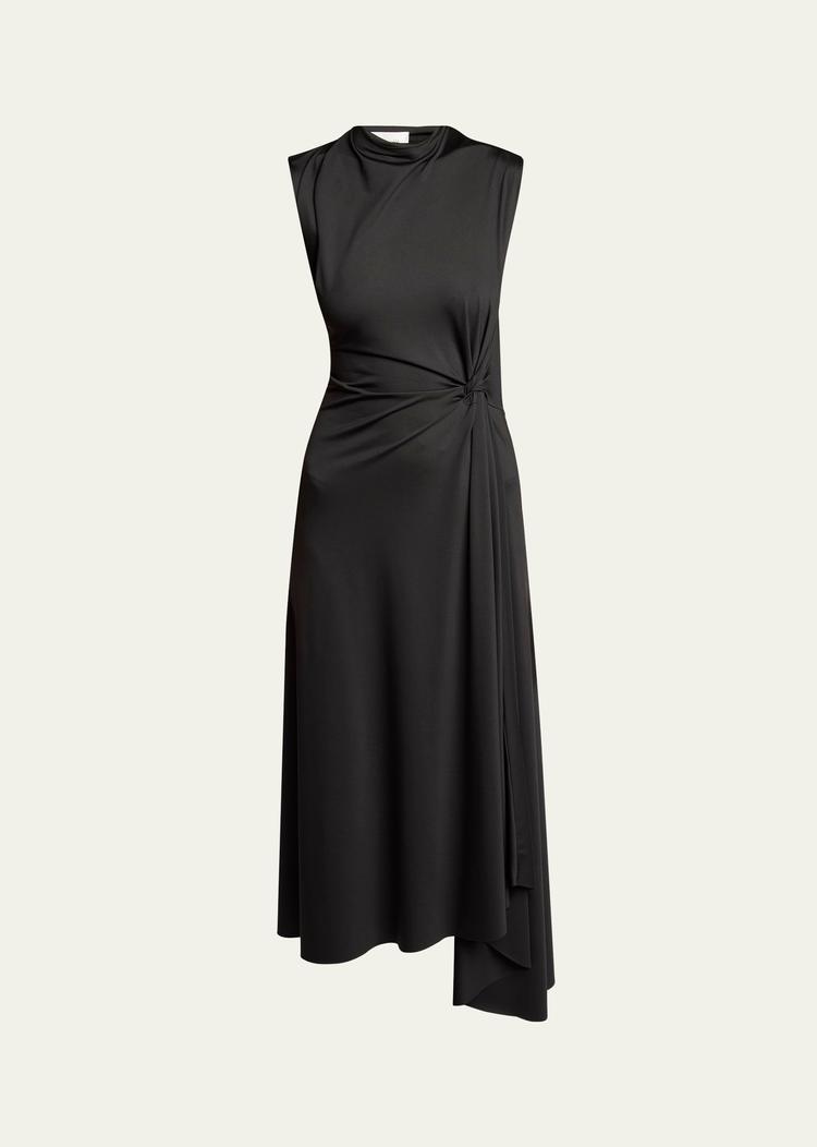 twisted knot asymmetric drape midi dress