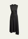 twisted knot asymmetric drape midi dress