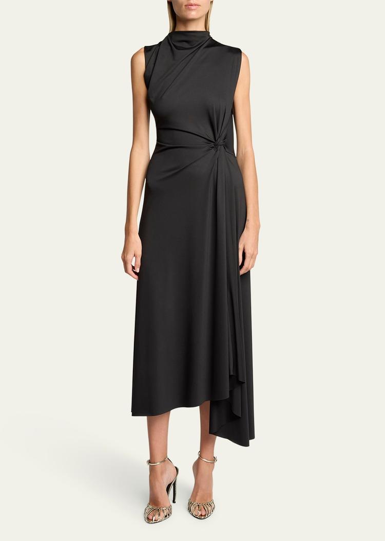 twisted knot asymmetric drape midi dress