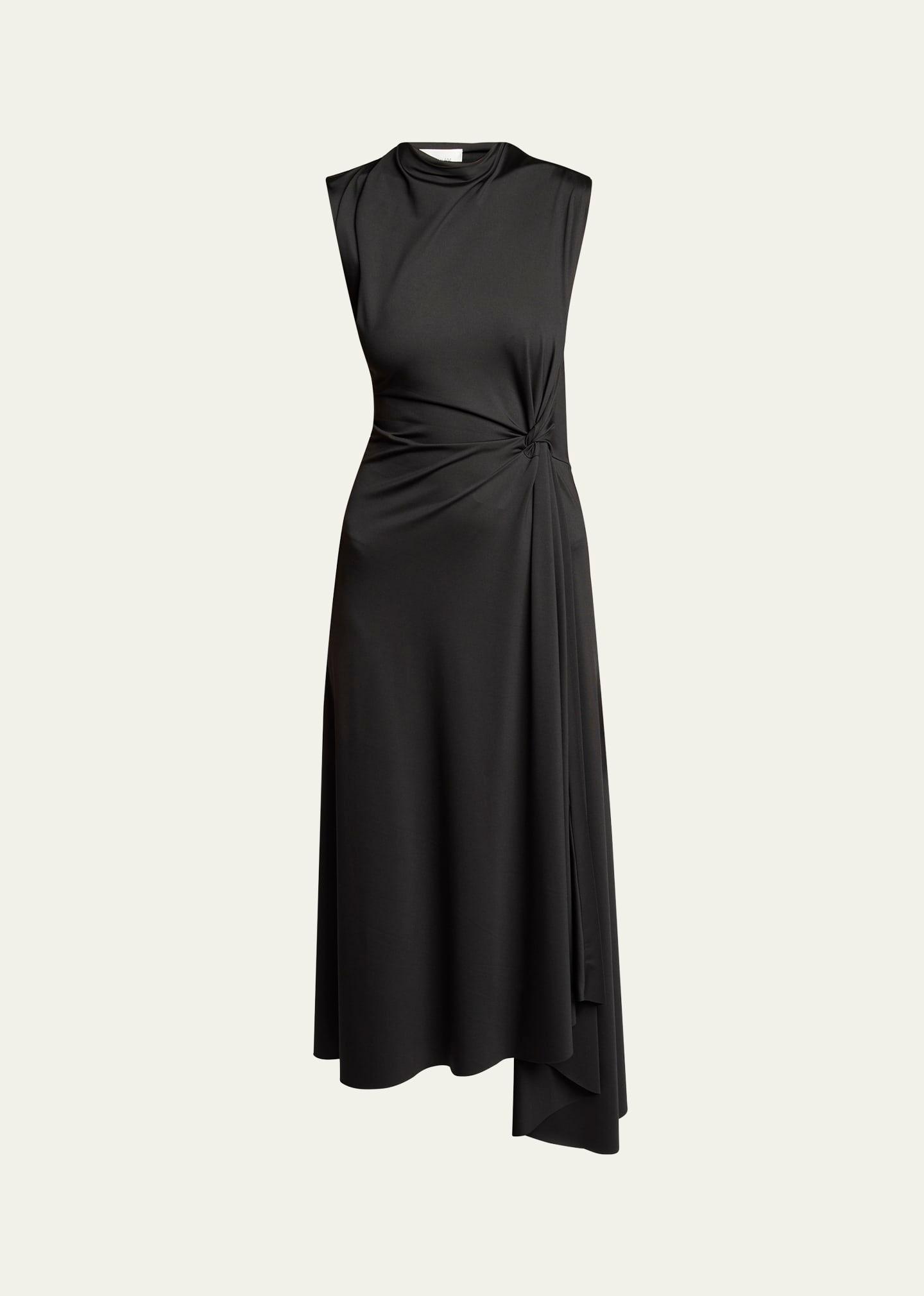 twisted knot asymmetric drape midi dress