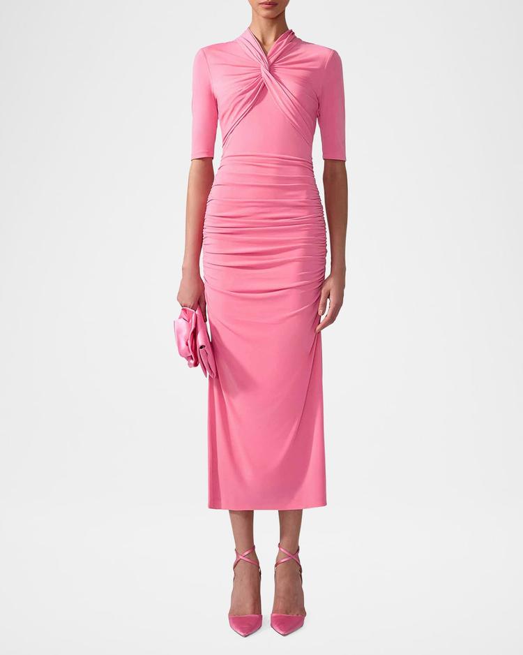 twisted-neck ruched midi dress