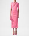 twisted-neck ruched midi dress