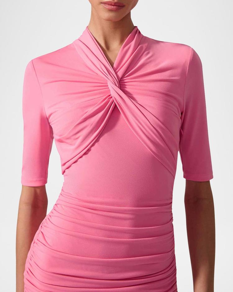 twisted-neck ruched midi dress