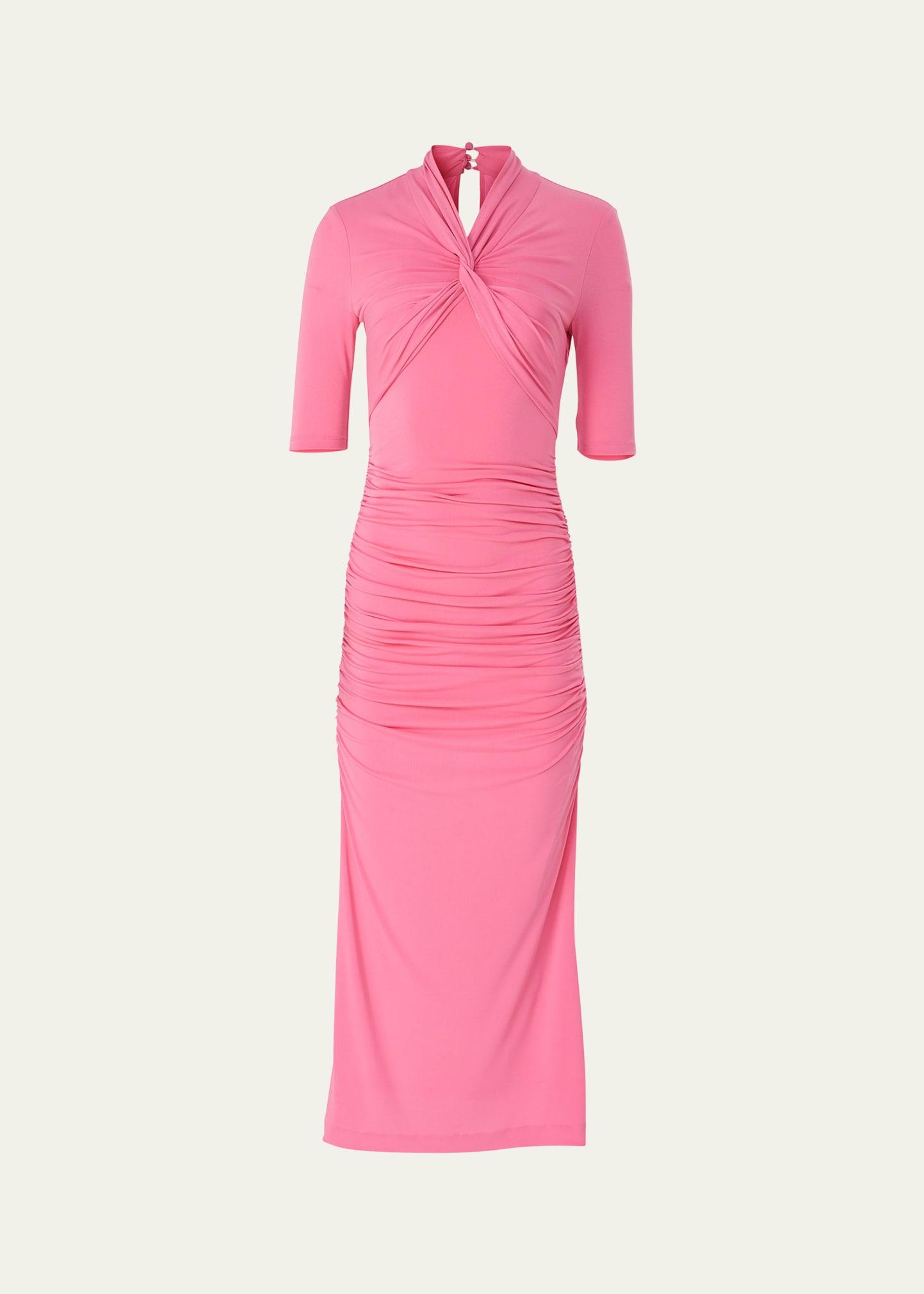 twisted-neck ruched midi dress