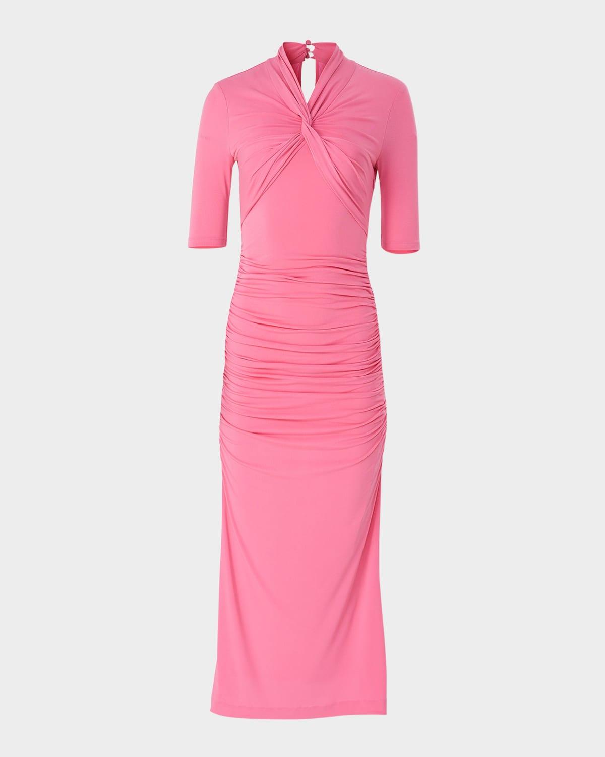twisted-neck ruched midi dress