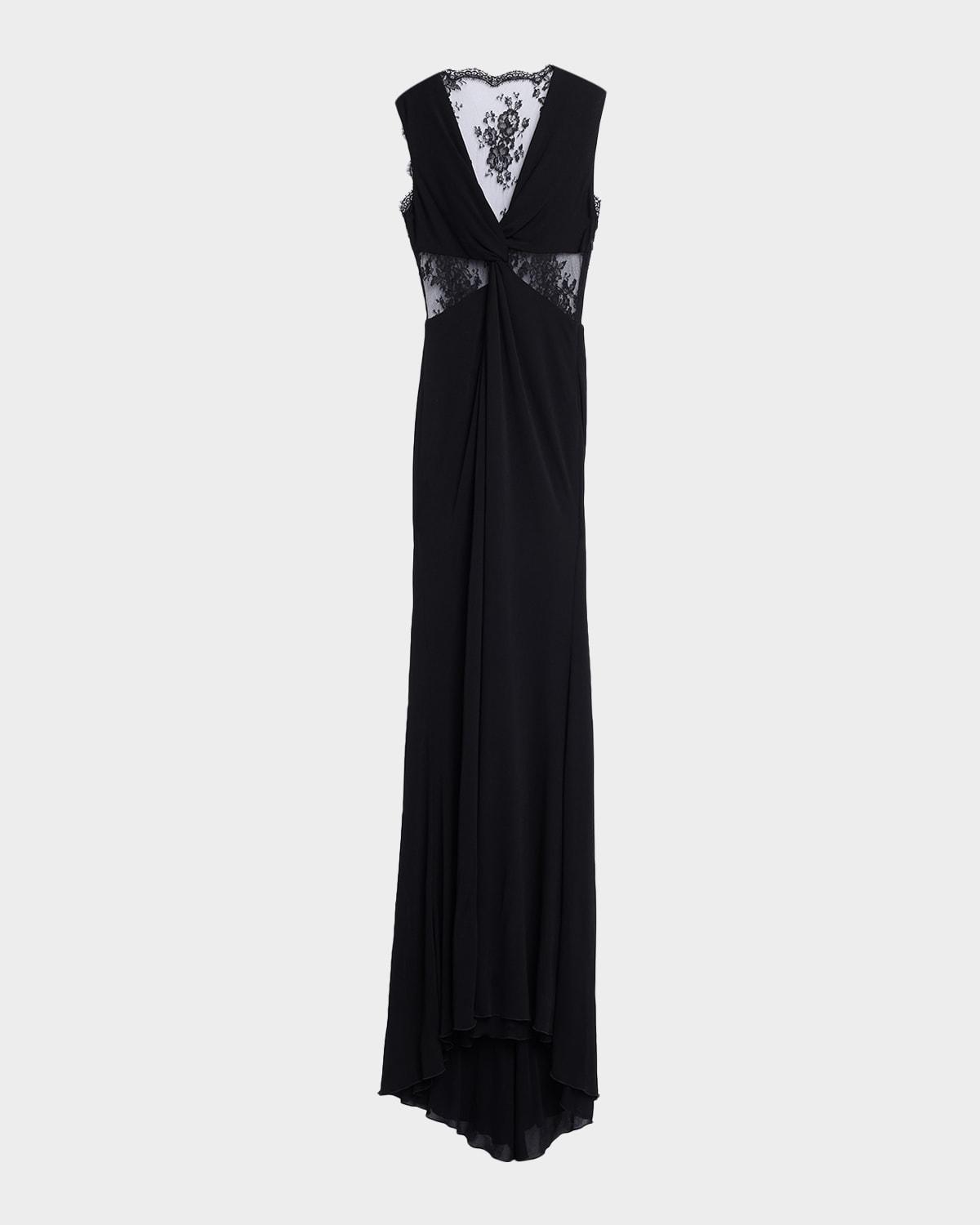 twisted plunging lace-inset sleeveless gown