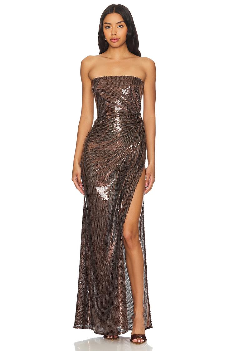 Alex Perry Twisted Sequined Strapless Gown Alex Perry Twisted Sequined Strapless Gown – A chocolate brown sequined gown with a twisted detail, boned bodice, and side slit.