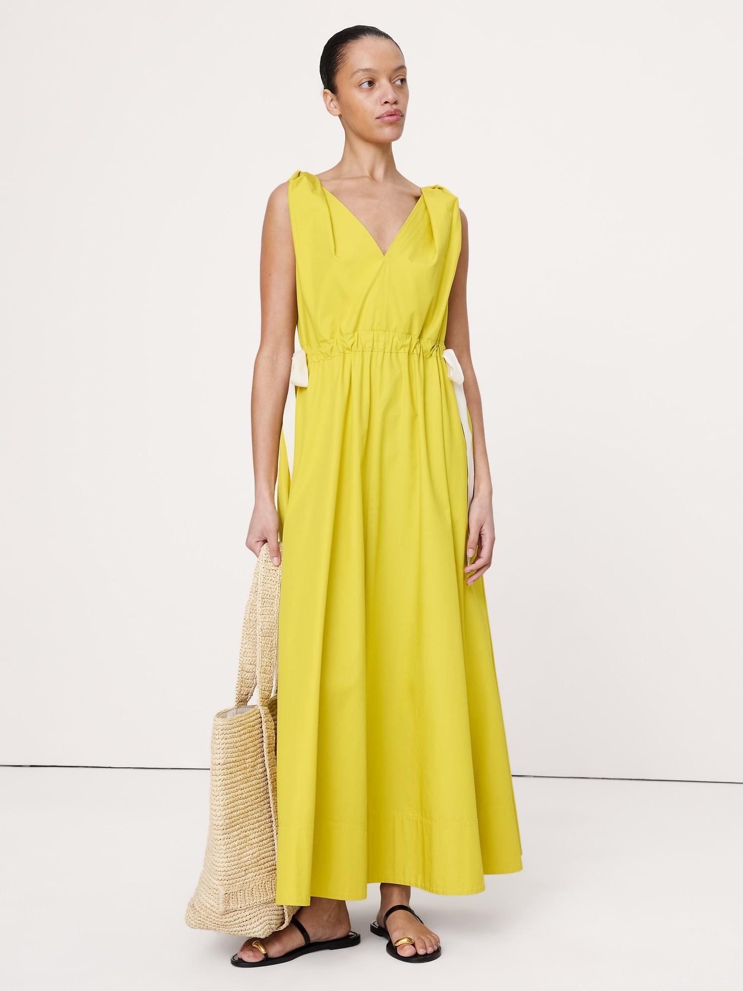 twisted shoulder poplin maxi dress