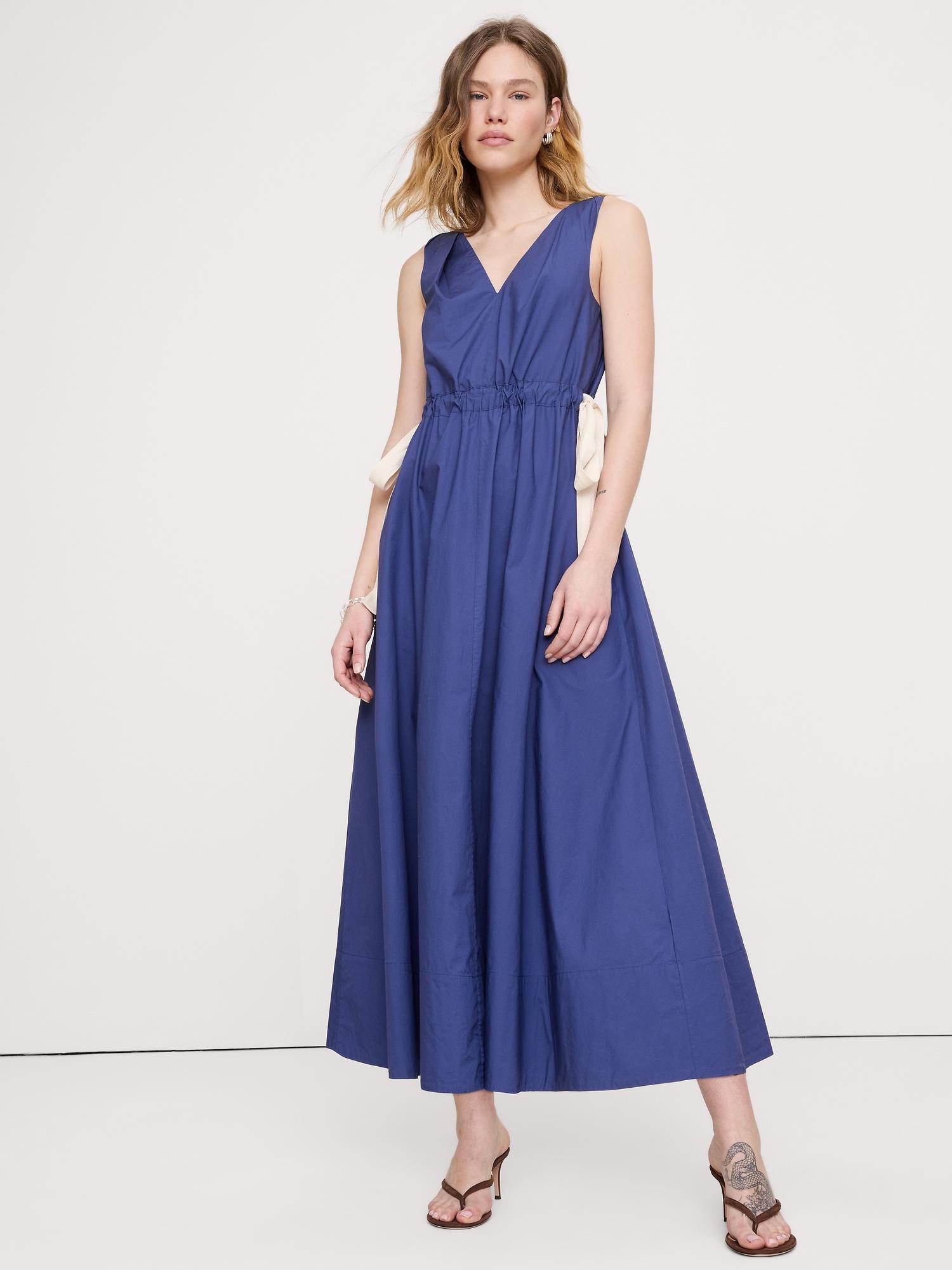 twisted shoulder poplin maxi dress