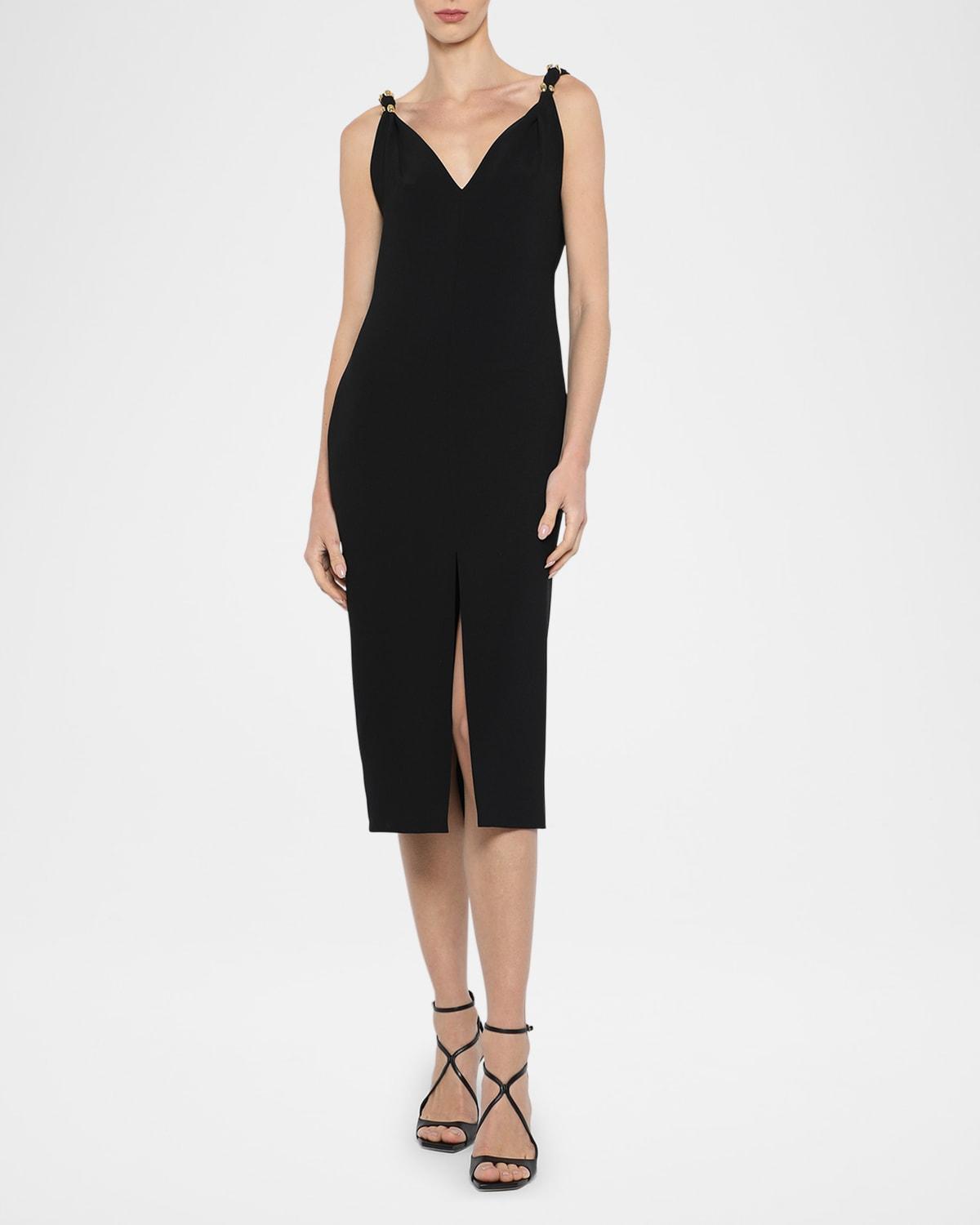 twisted-shoulder slit midi dress
