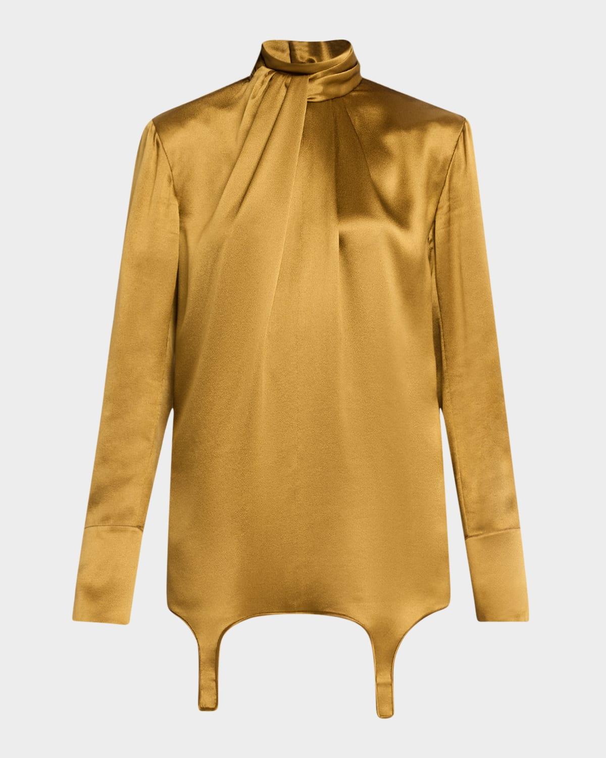 twisted turtleneck long-sleeve silk blouse