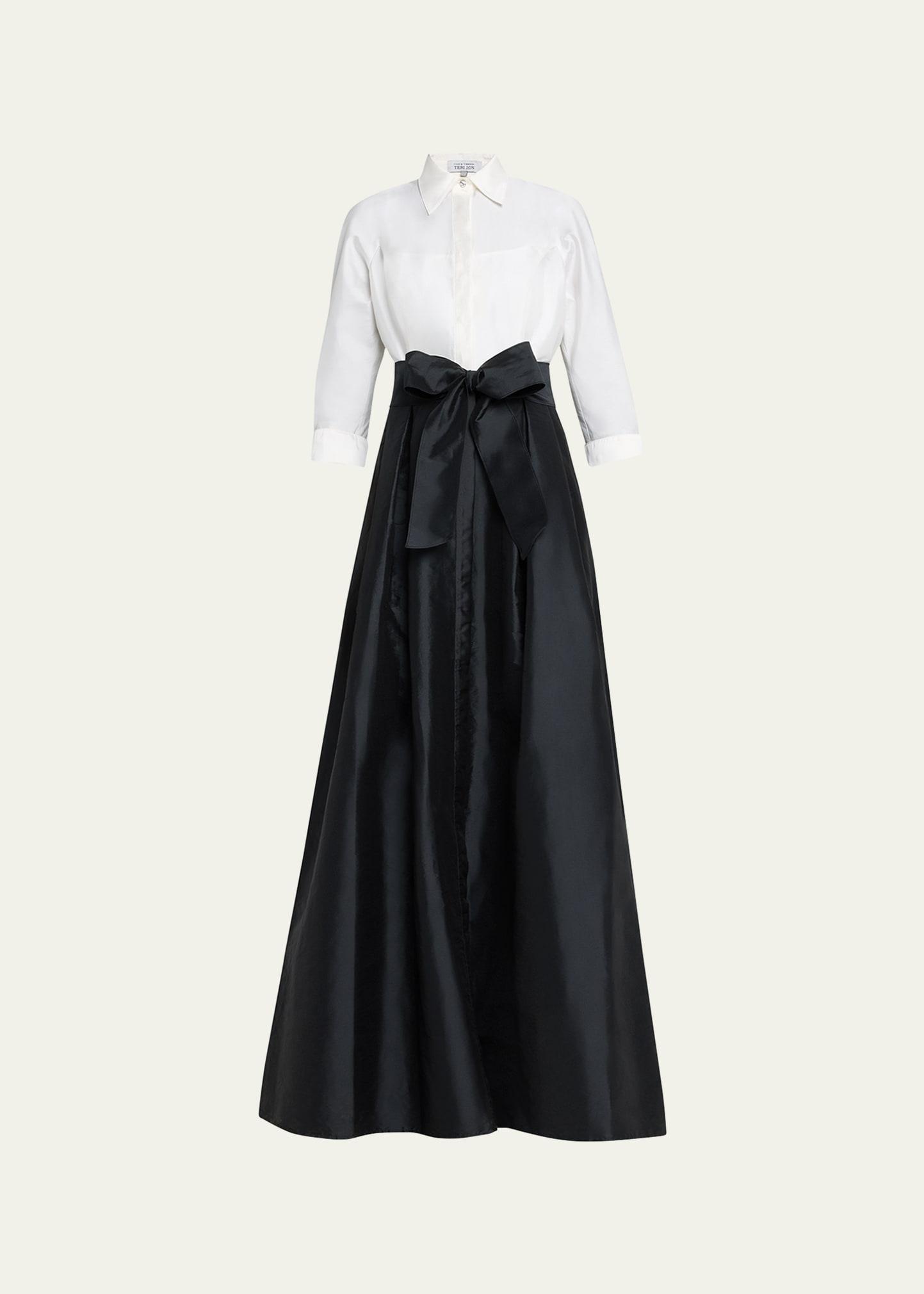 two-tone 3/4-sleeve taffeta shirtdress gown