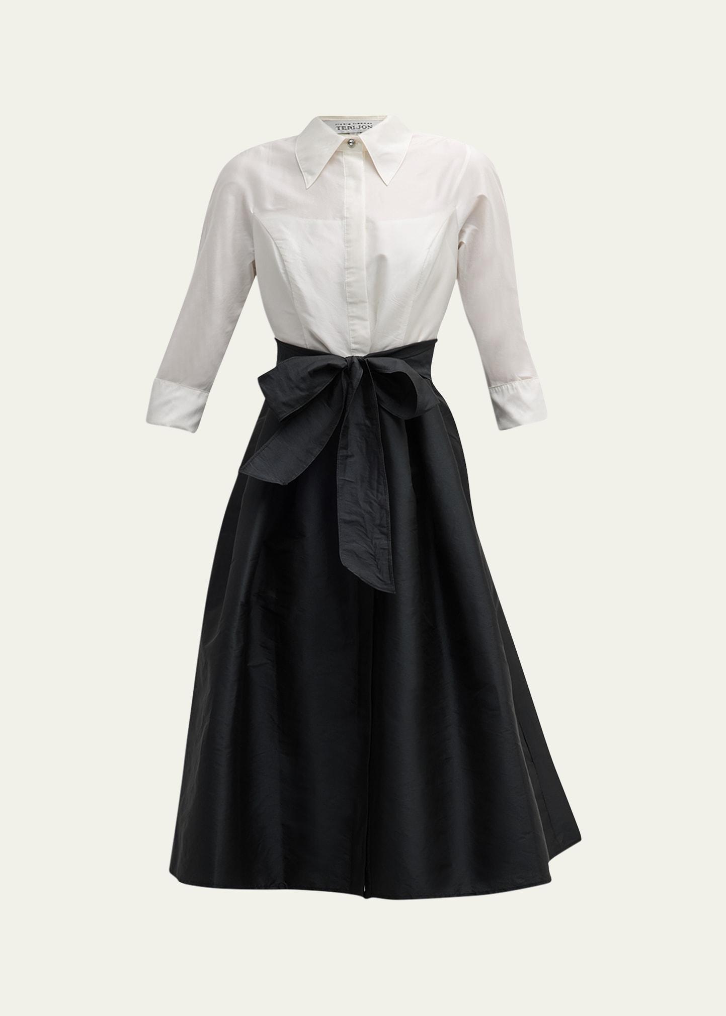 two-tone 3/4-sleeve taffeta shirtdress