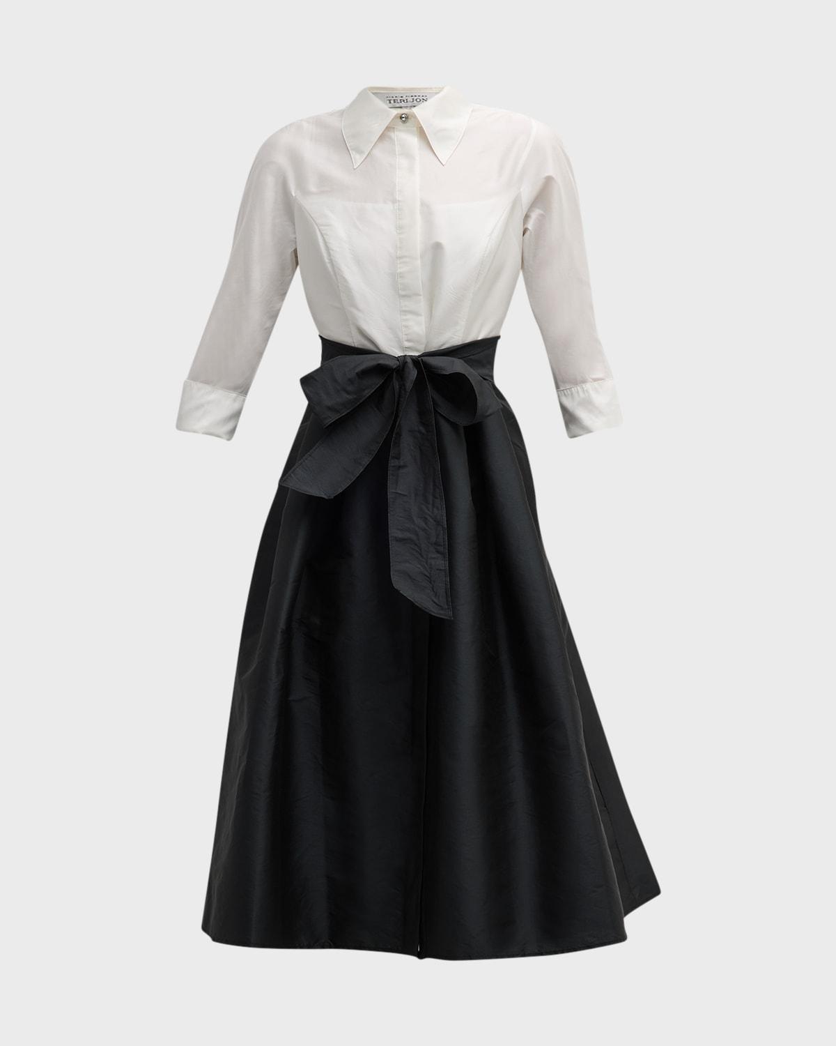 two-tone 3/4-sleeve taffeta shirtdress