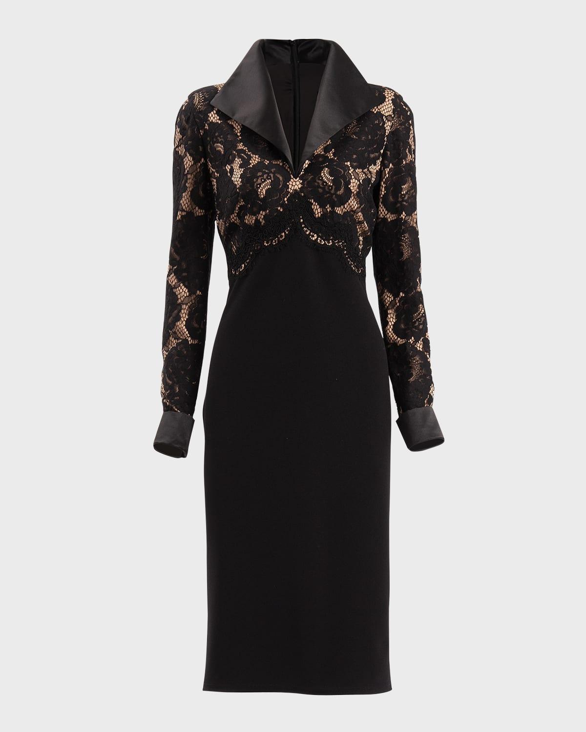 two-tone lace-bodice bodycon midi dress